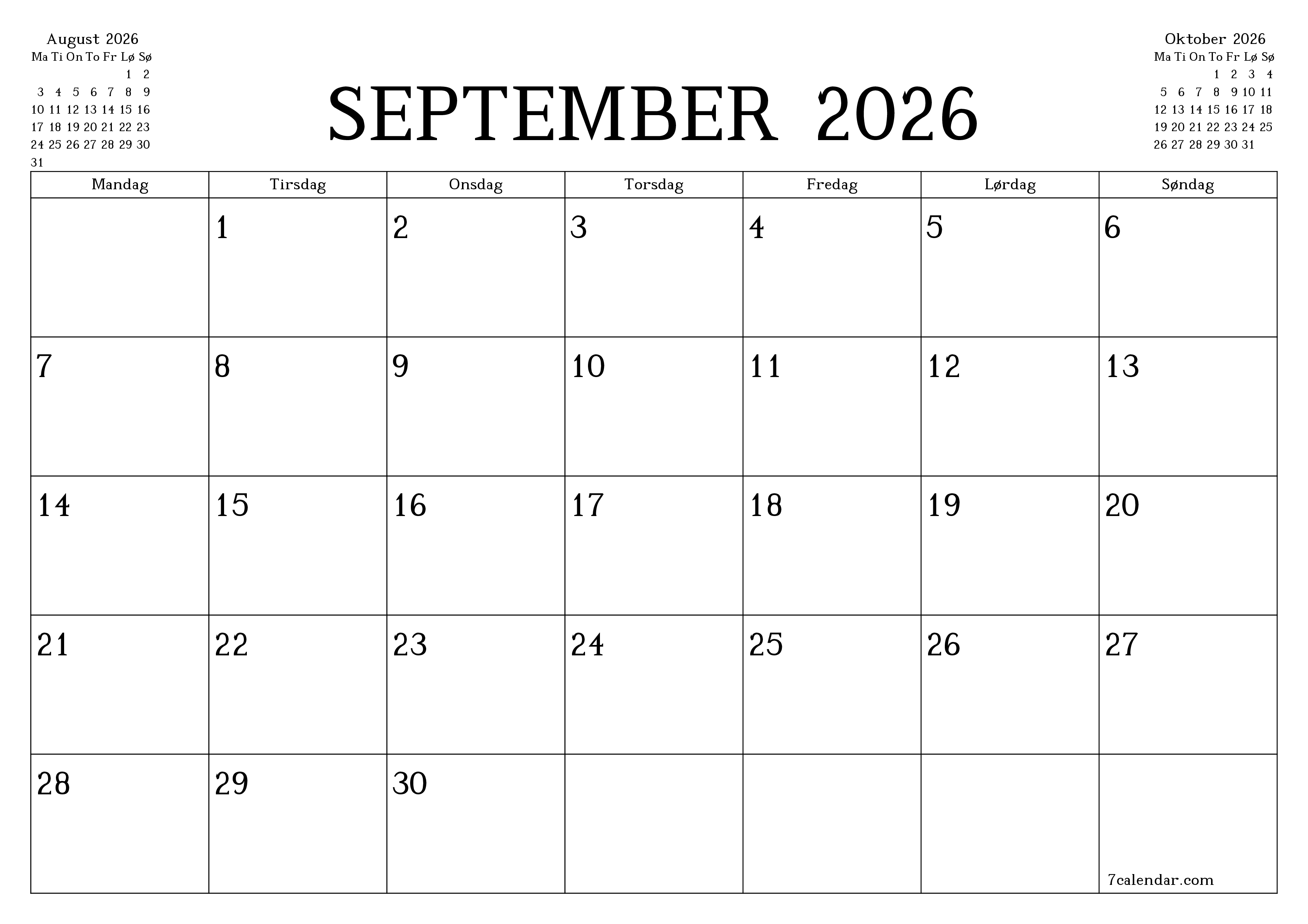 Tom månedlig planlægning for måned September 2026 med noter, gem og udskriv til PDF PNG Danish