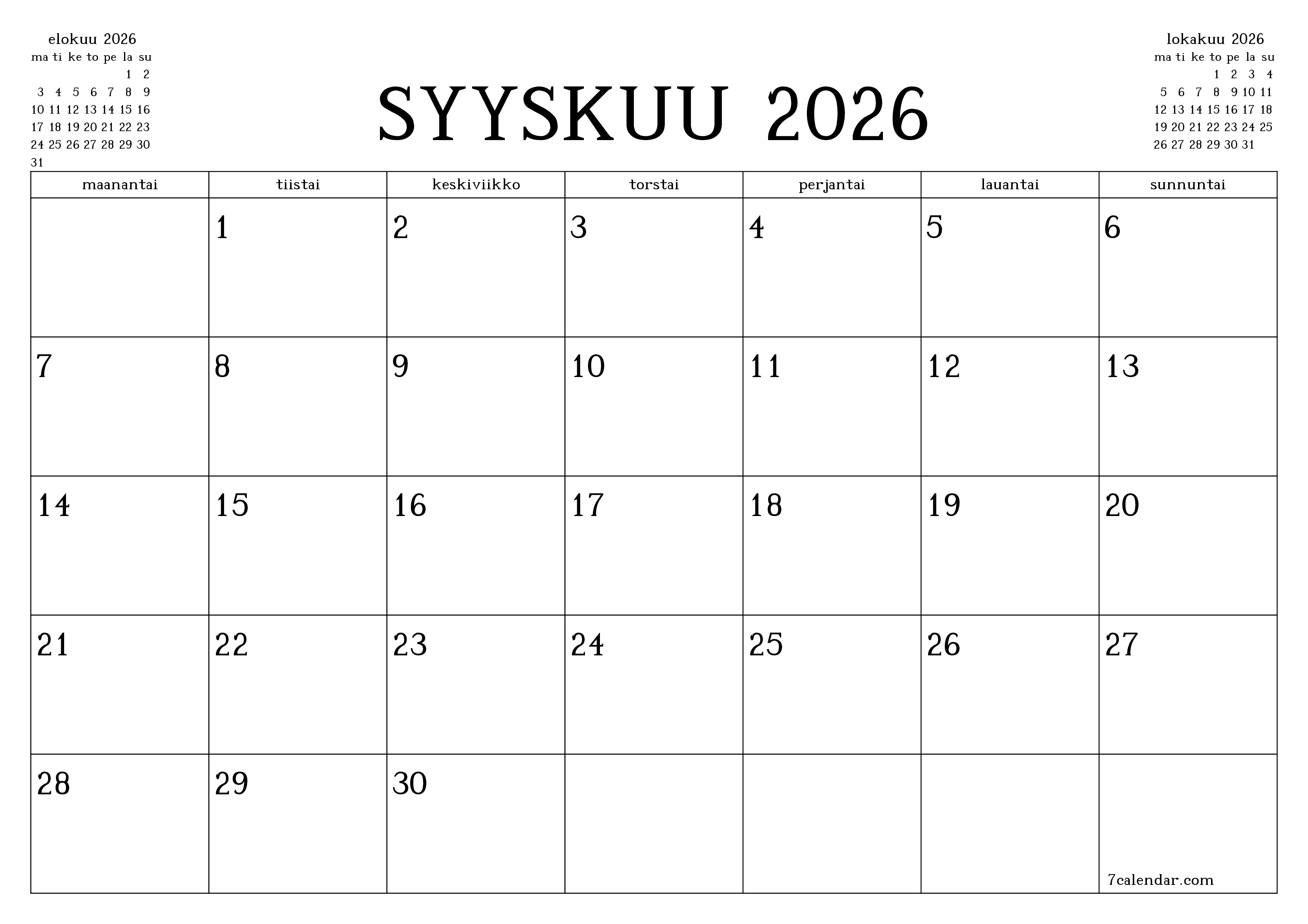 Tyhjennä kuukausittainen suunnittelija kuukaudelle syyskuu 2026 muistiinpanoilla, tallenna ja tulosta PDF-muotoon PNG Finnish