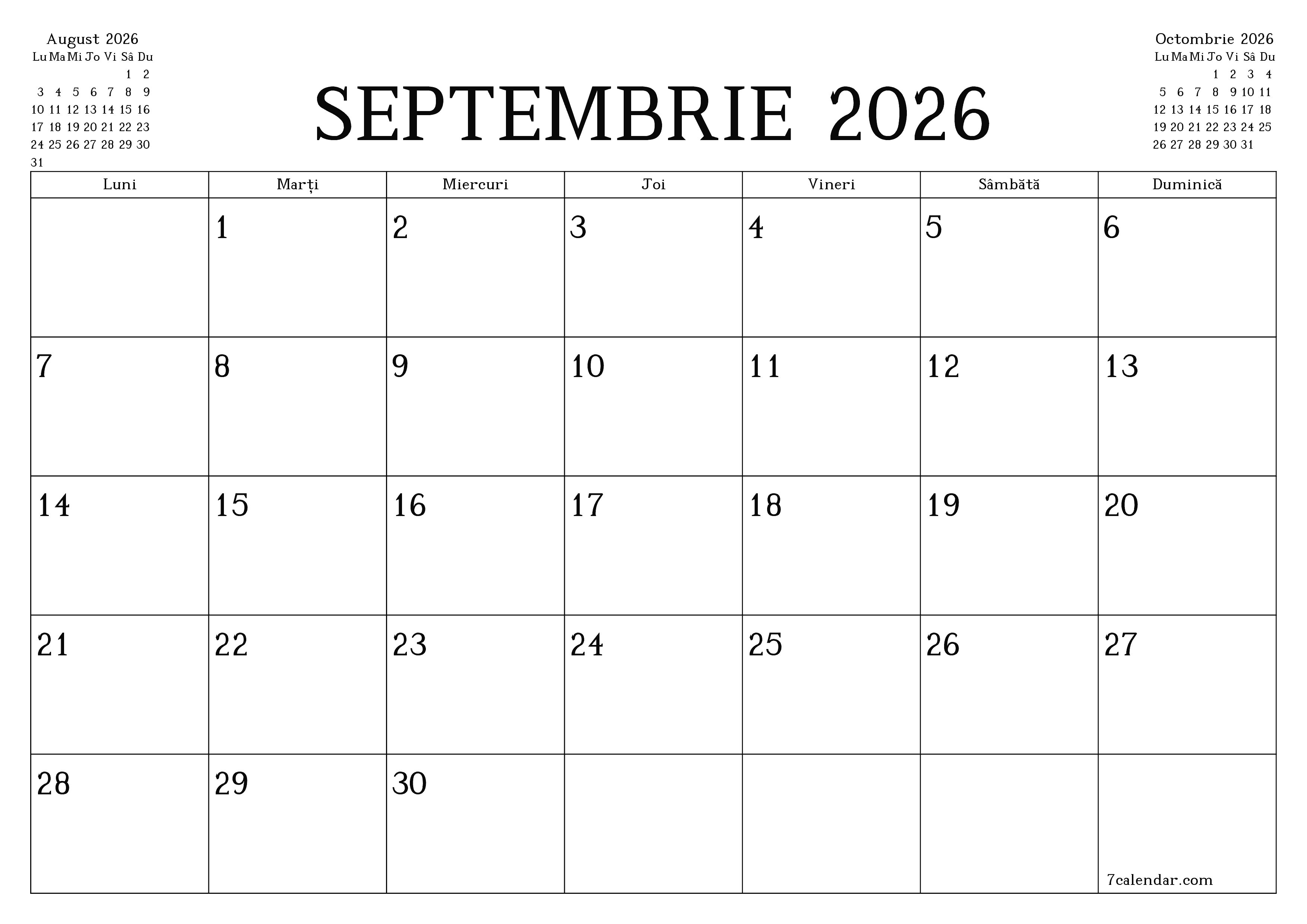 Planificator lunar gol pentru luna Septembrie 2026 cu note, salvați și tipăriți în PDF PNG Romanian