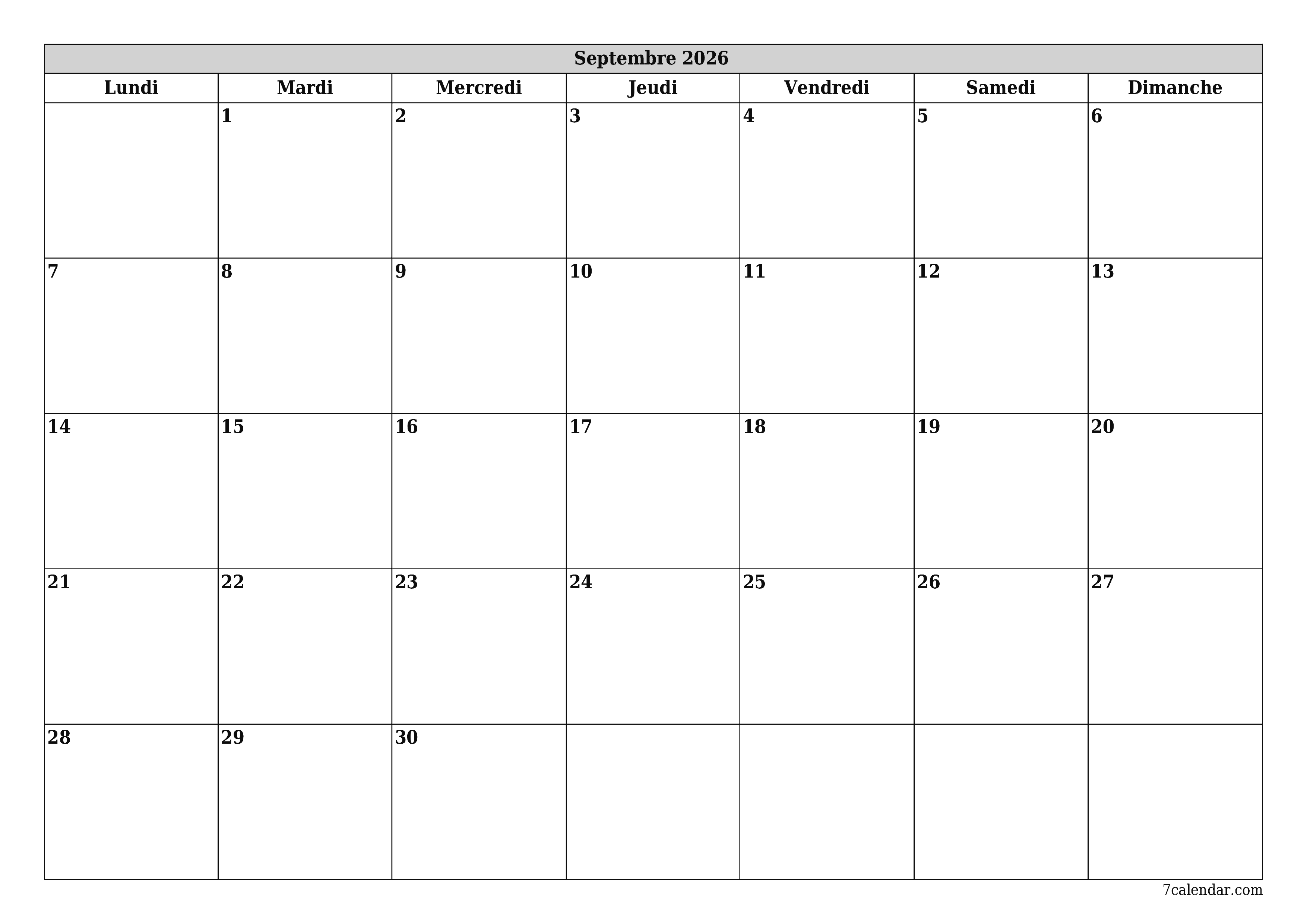 Agenda mensuel vide pour le mois Septembre 2026 avec notes, enregistrez et imprimez au format PDF PNG French