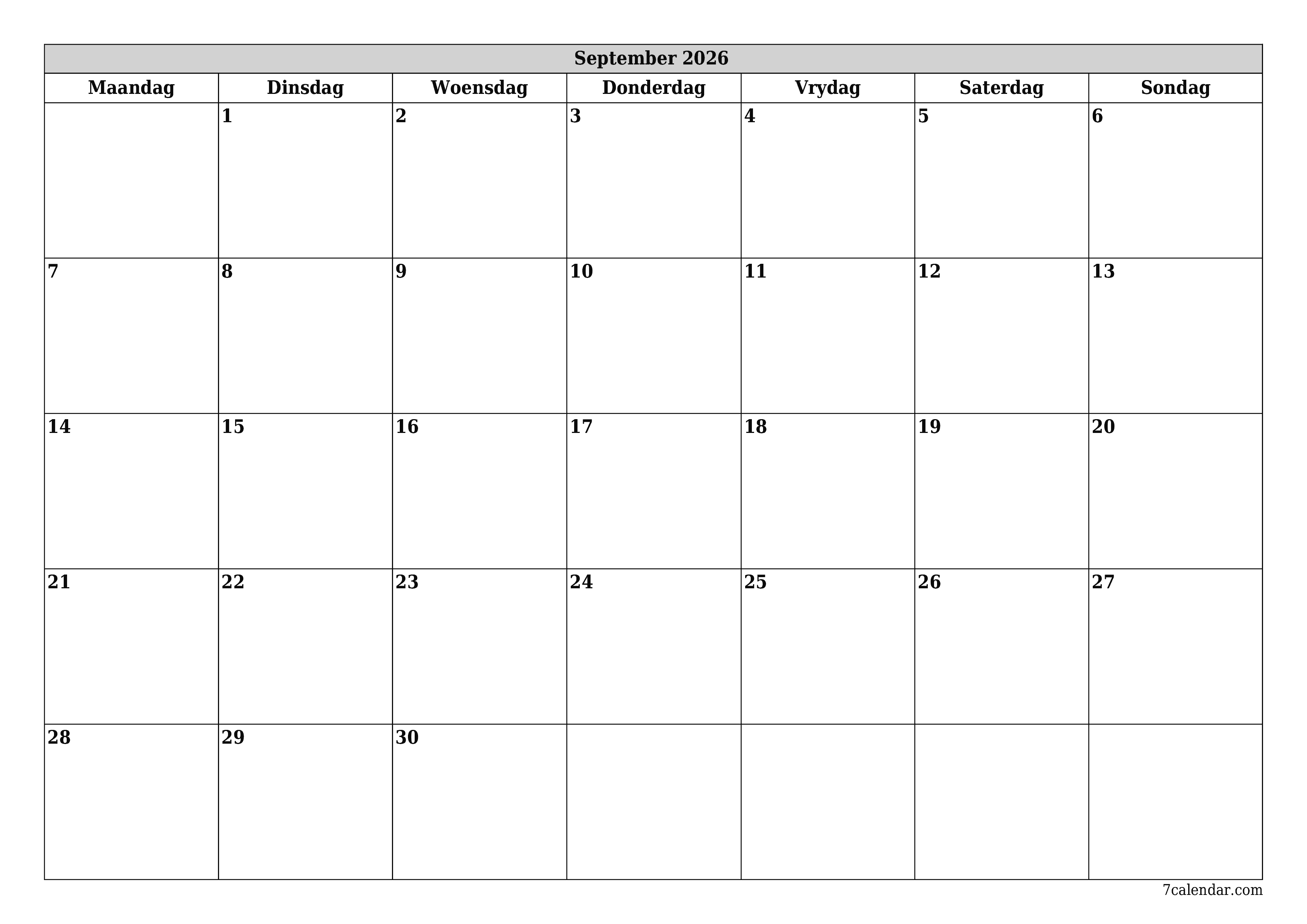 Leë maandelikse drukbare kalender en beplanner vir maand September 2026 met notas stoor en druk na PDF PNG Afrikaans