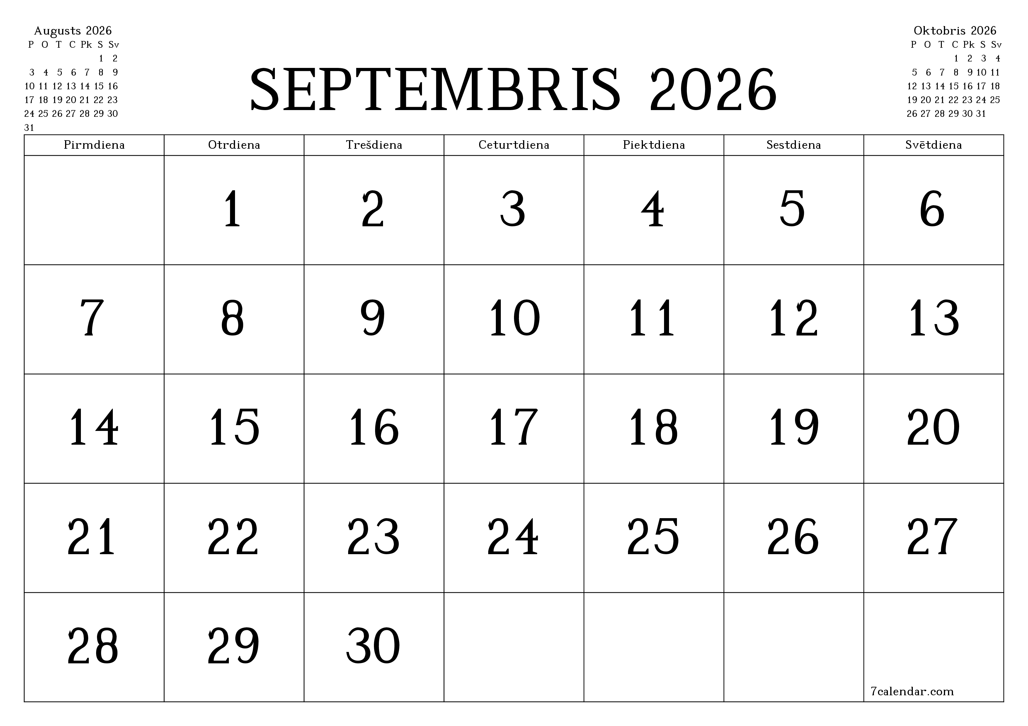 Iztukšot mēneša plānotāju mēnesim Septembris 2026 ar piezīmēm, saglabāt un izdrukāt PDF formātā PNG Latvian