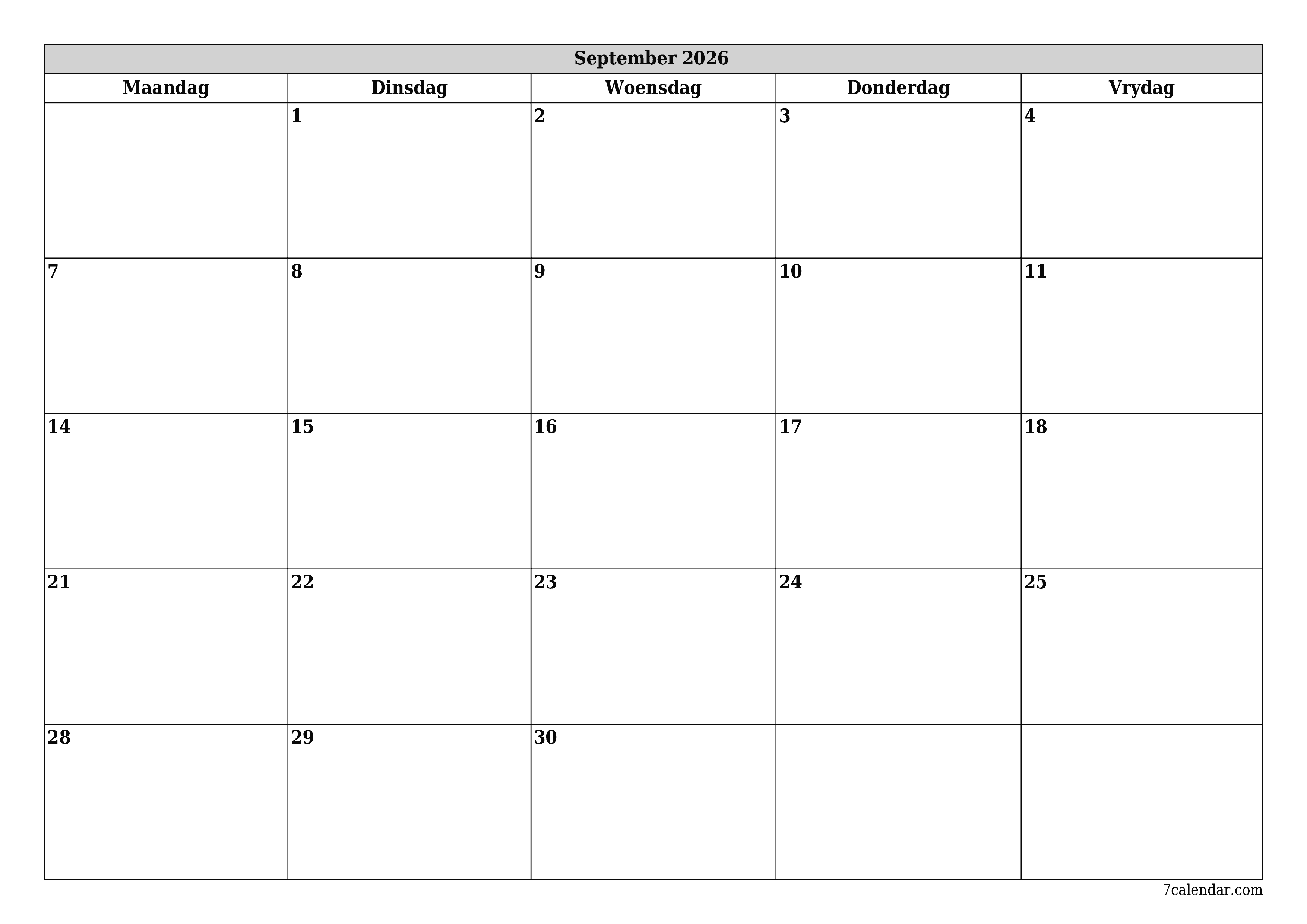 Leë maandelikse drukbare kalender en beplanner vir maand September 2026 met notas stoor en druk na PDF PNG Afrikaans