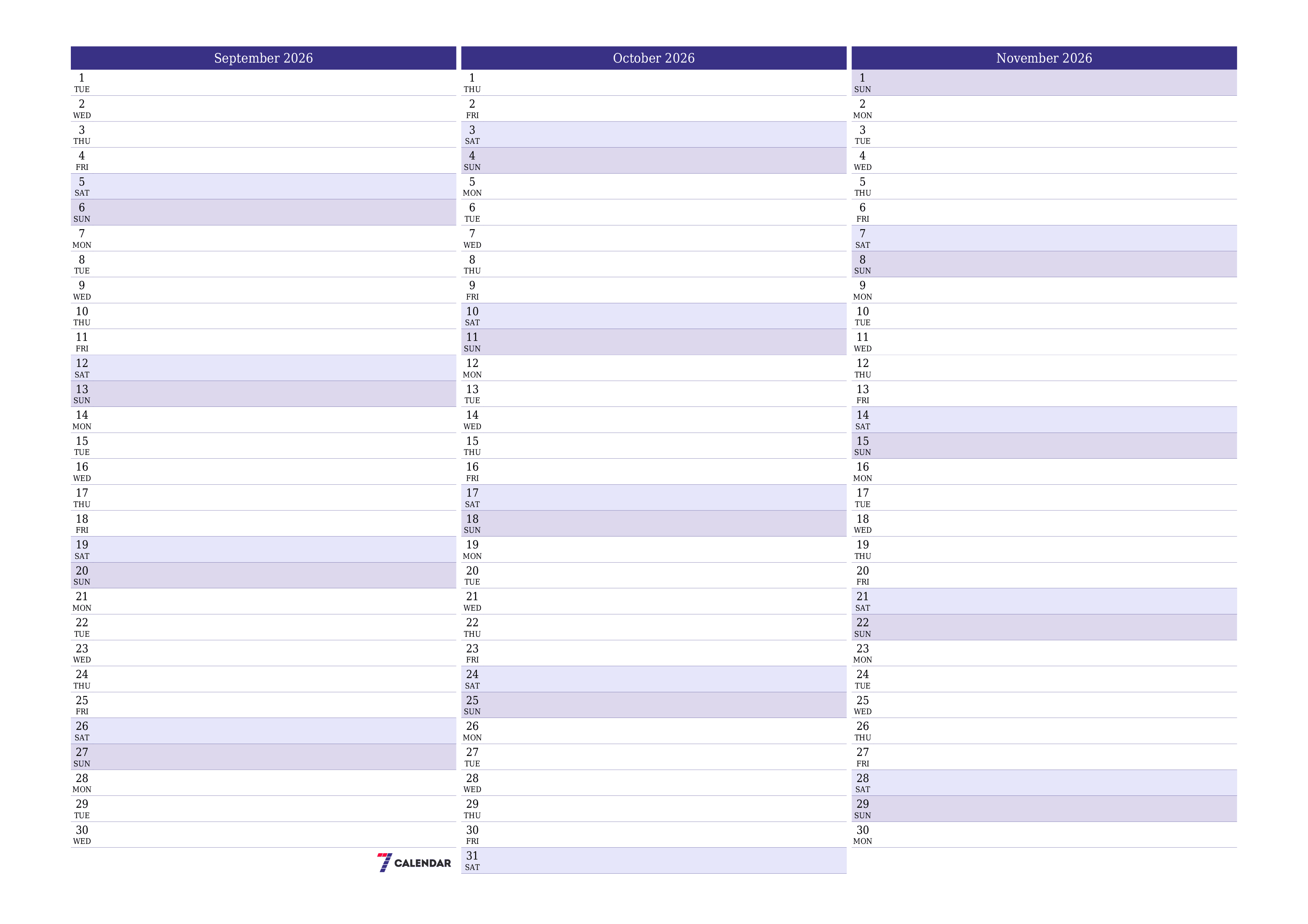 Blank calendar September 2026