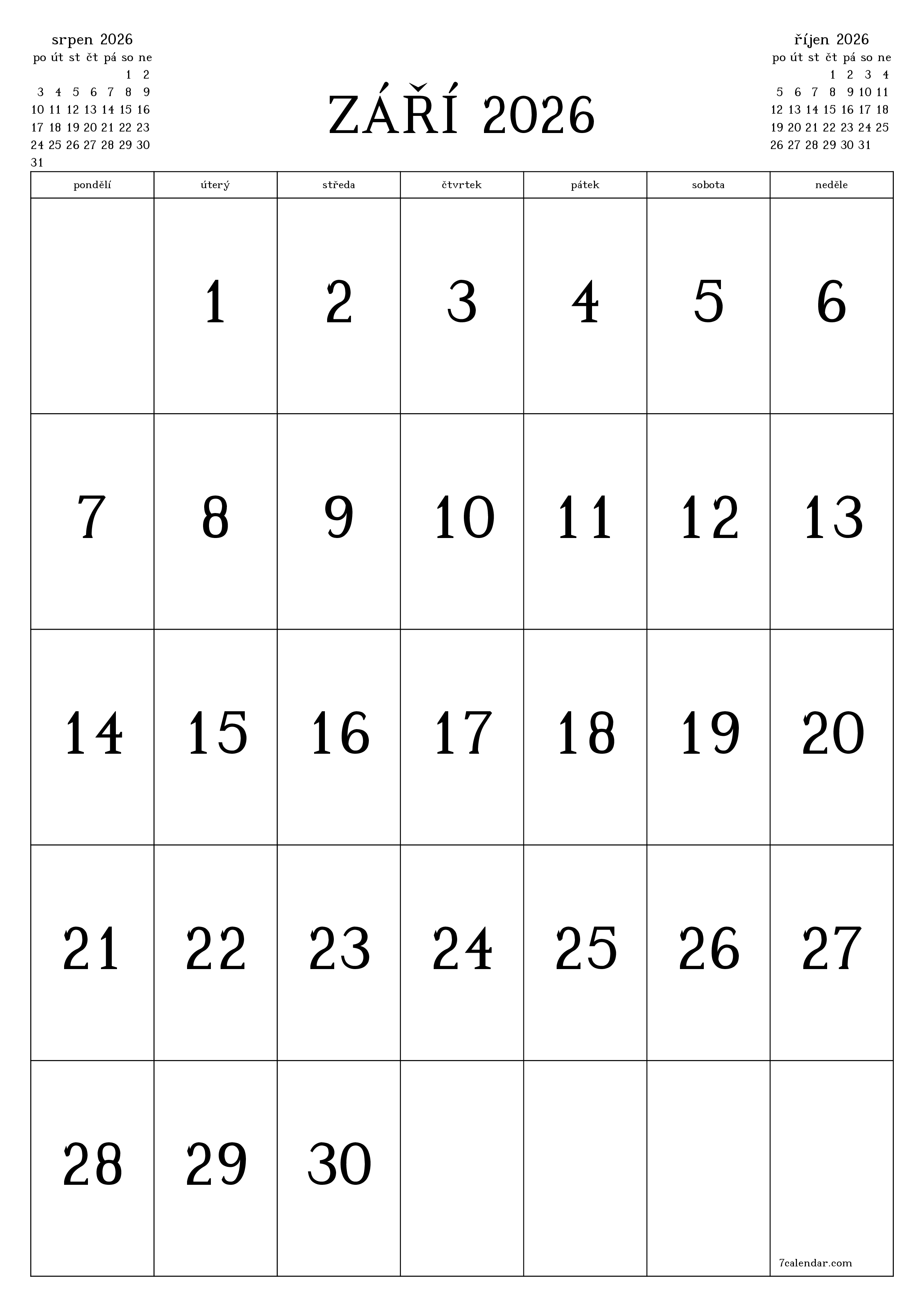  pro tisk nástěnný šablona e zdarmavertikální Měsíční kalendář září (zář) 2026