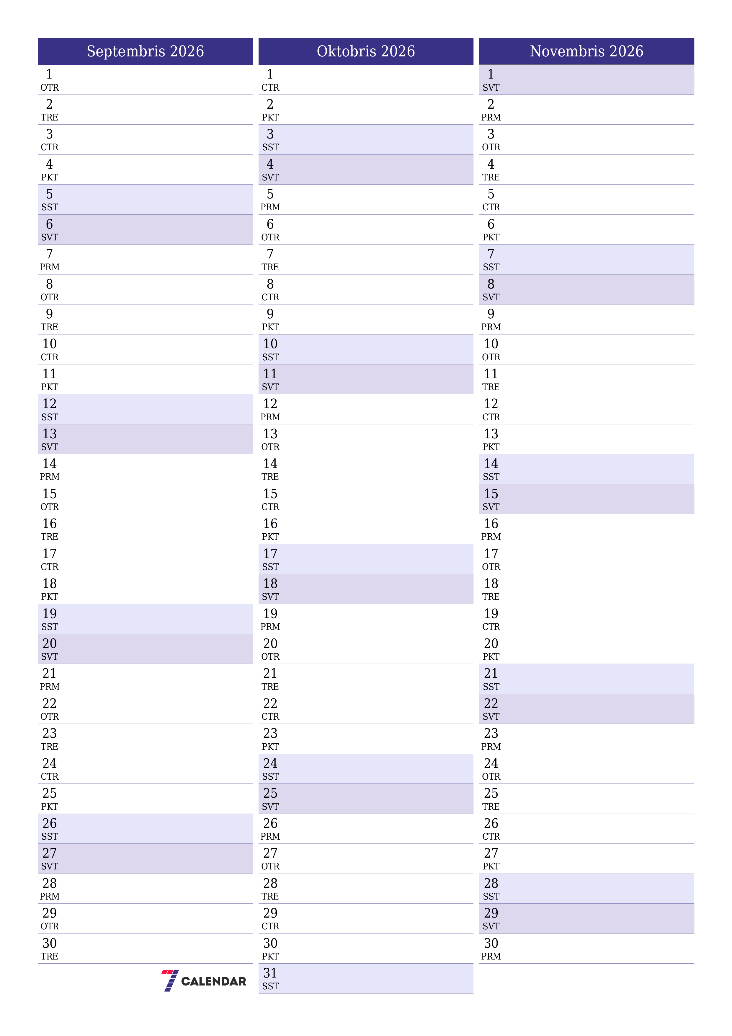 Iztukšot mēneša plānotāju mēnesim Septembris 2026 ar piezīmēm, saglabāt un izdrukāt PDF formātā PNG Latvian