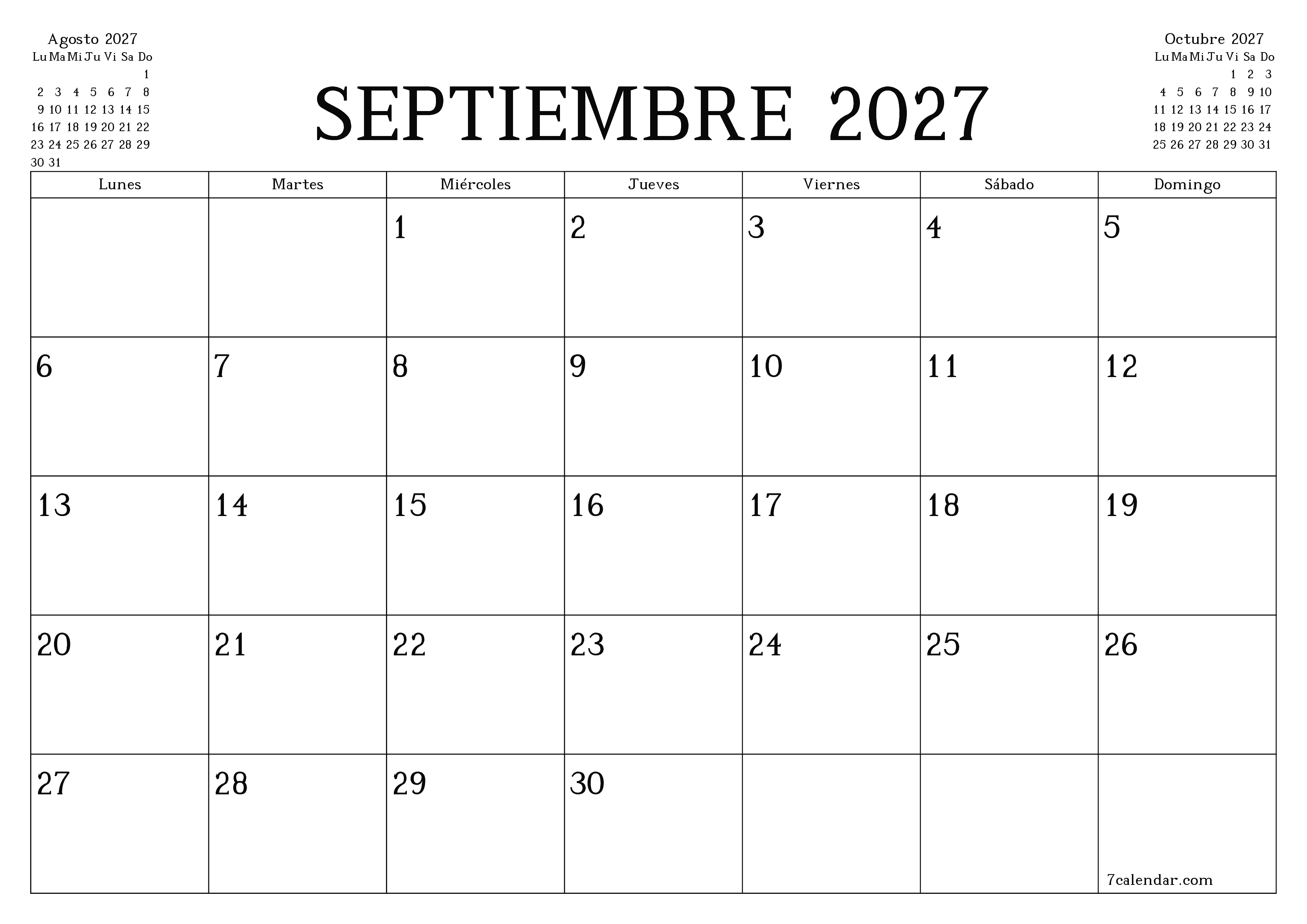 Planificador mensual vacío para el mes Septiembre 2027 con notas, guardar e imprimir en PDF PNG Spanish