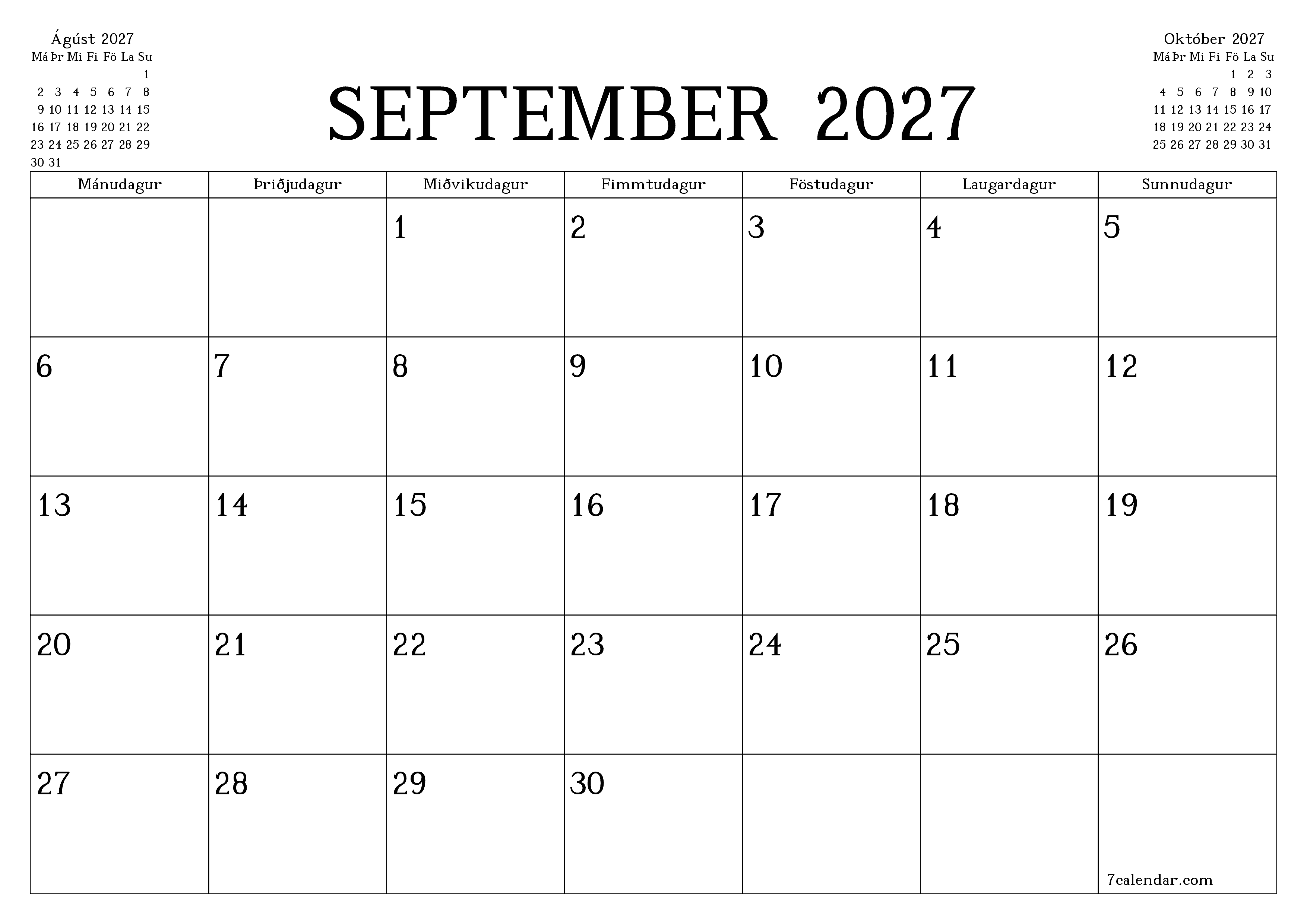 Tómur mánaðarlegur skipuleggjandi fyrir mánuðinn September 2027 með athugasemdum, vista og prenta á PDF PNG Icelandic