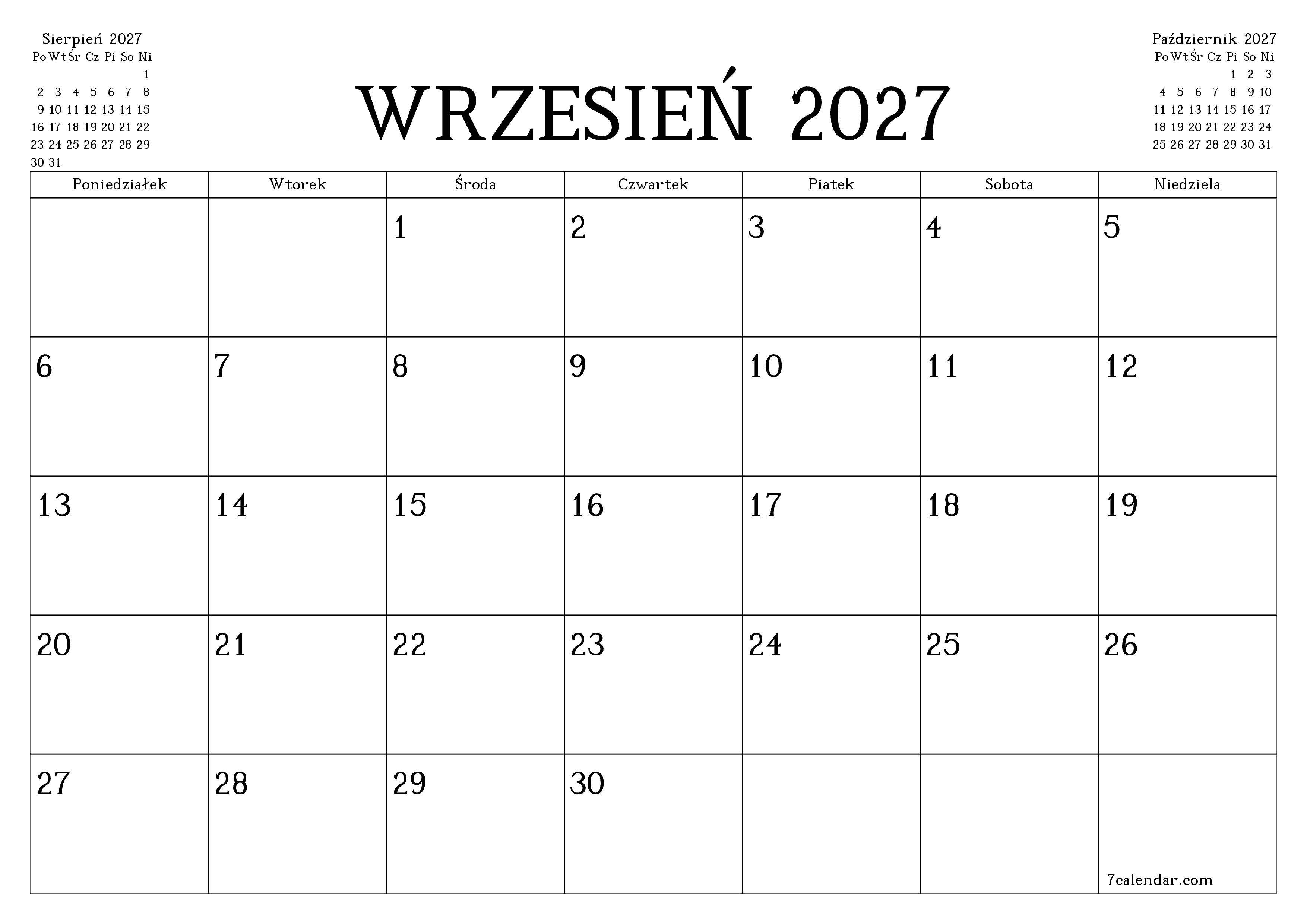 Opróżnij miesięczny planer na miesiąc Wrzesień 2027 z notatkami, zapisz i wydrukuj w formacie PDF PNG Polish