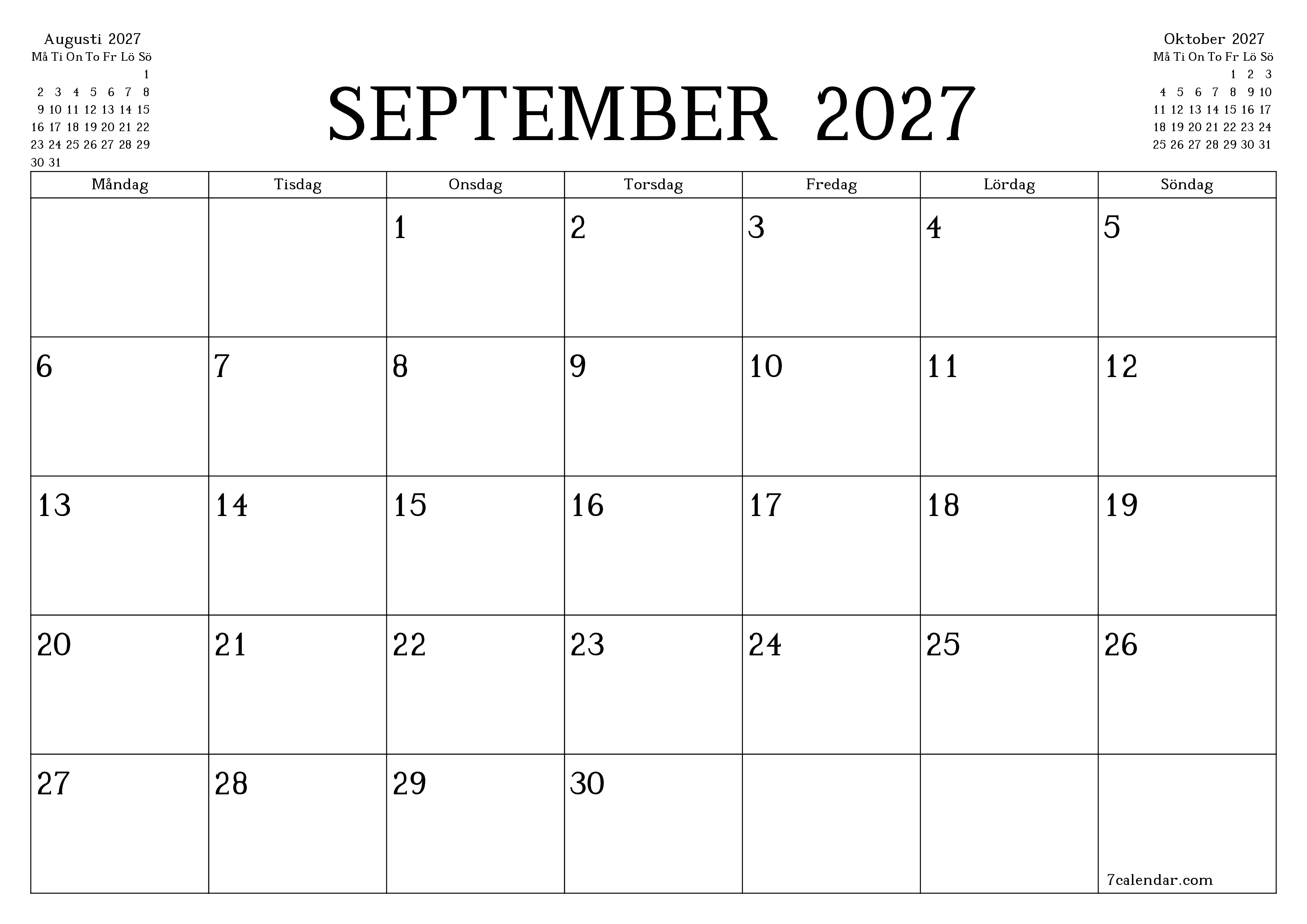 Tom månadsplanerare för månad September 2027 med anteckningar, spara och skriv ut till PDF PNG Swedish