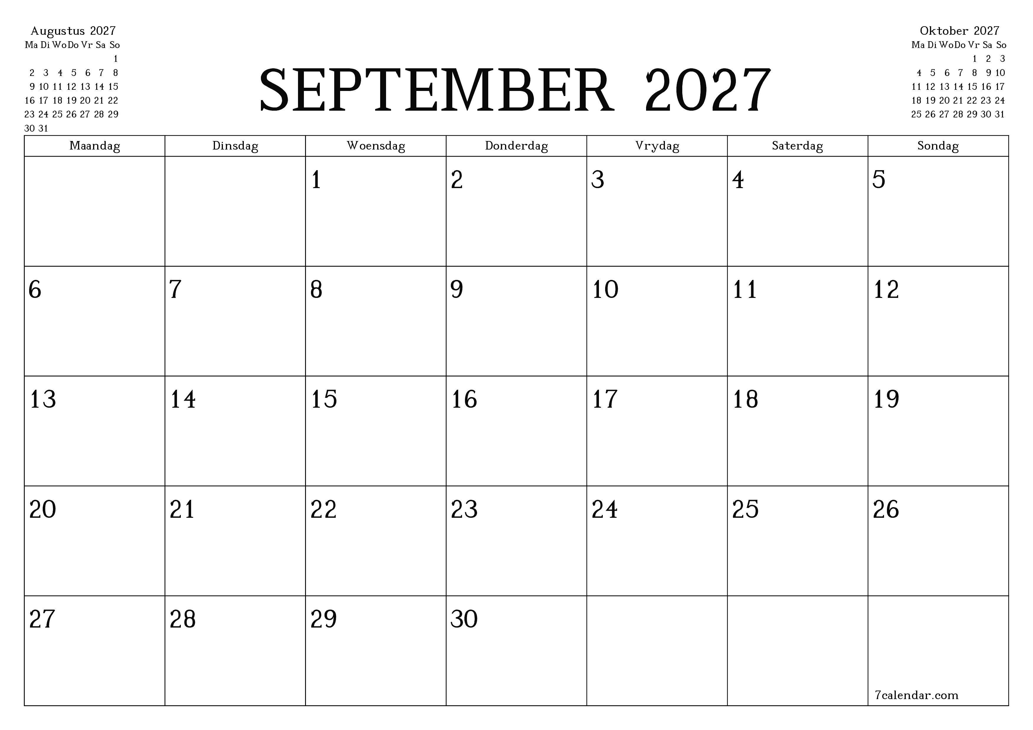 Leë maandelikse drukbare kalender en beplanner vir maand September 2027 met notas stoor en druk na PDF PNG Afrikaans