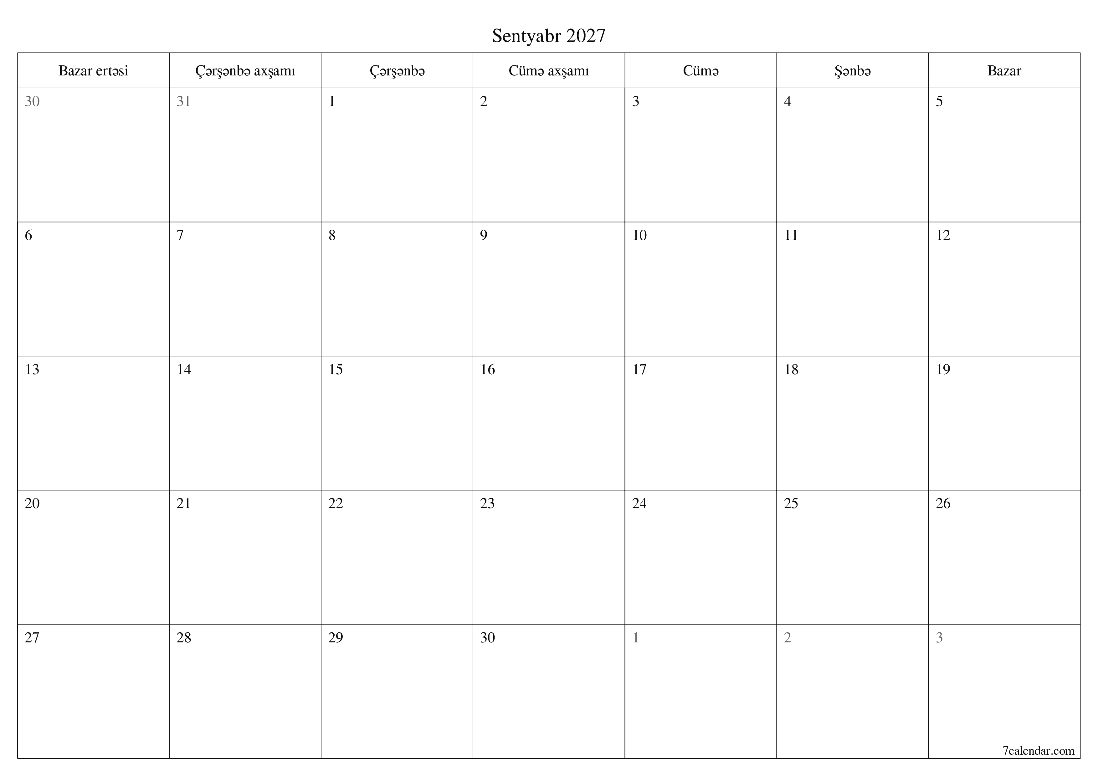 Sentyabr 2027 ayı üçün qeydlər ilə boş aylıq planlayıcı, qeyd edin və PDF-ə yazdırın PNG Azerbaijani
