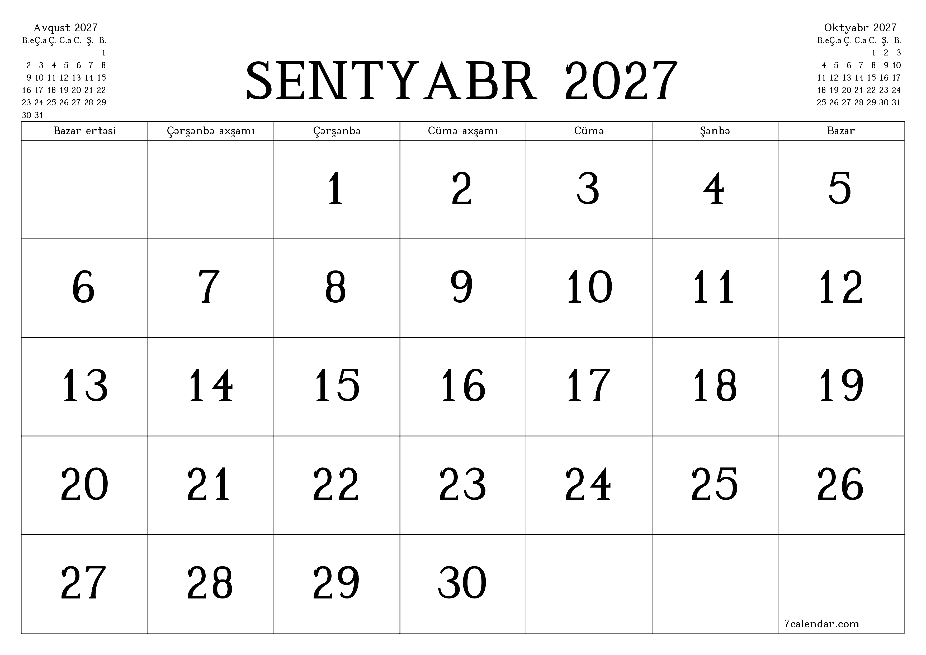 Sentyabr 2027 ayı üçün qeydlər ilə boş aylıq planlayıcı, qeyd edin və PDF-ə yazdırın PNG Azerbaijani