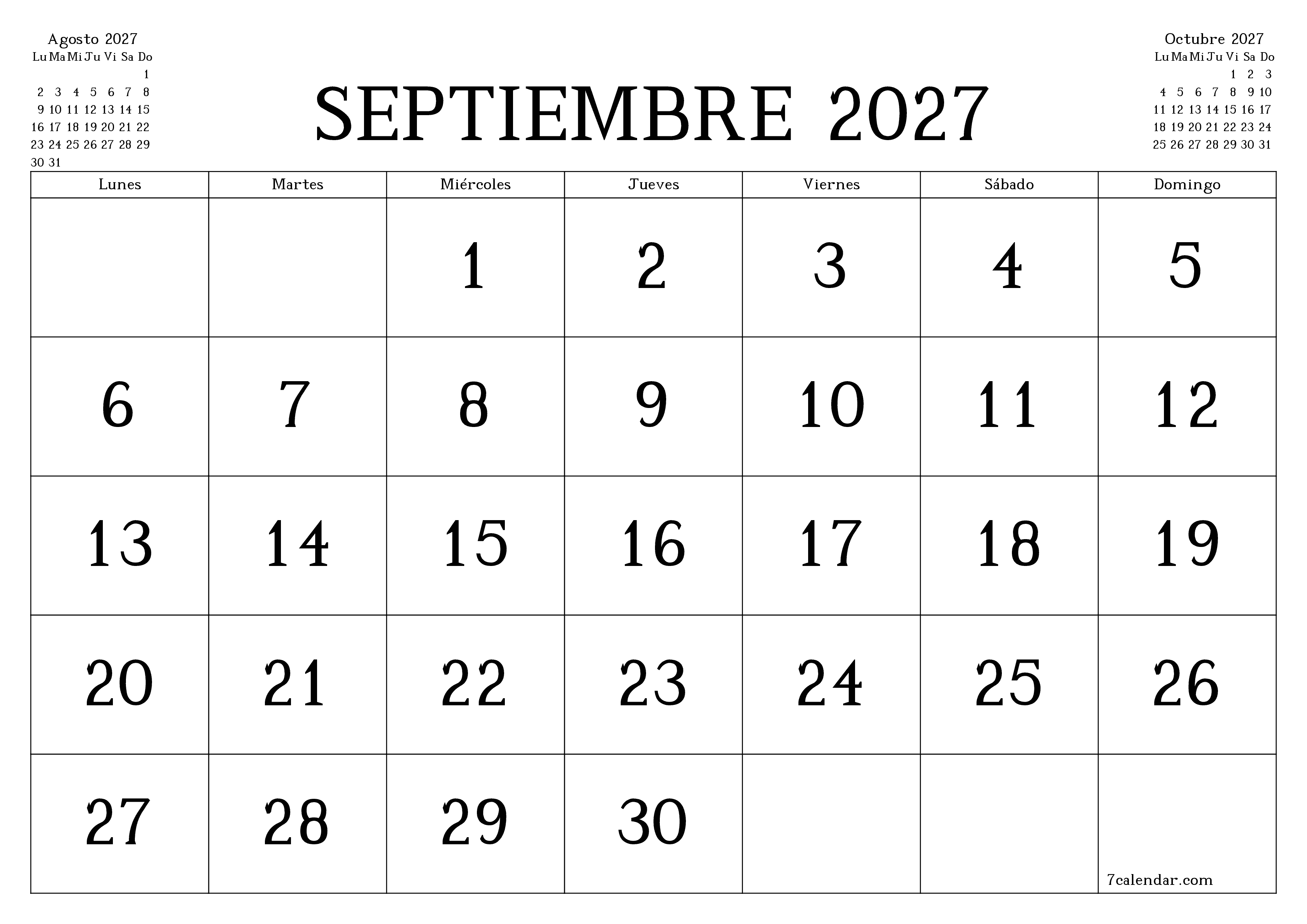 Planificador mensual vacío para el mes Septiembre 2027 con notas, guardar e imprimir en PDF PNG Spanish