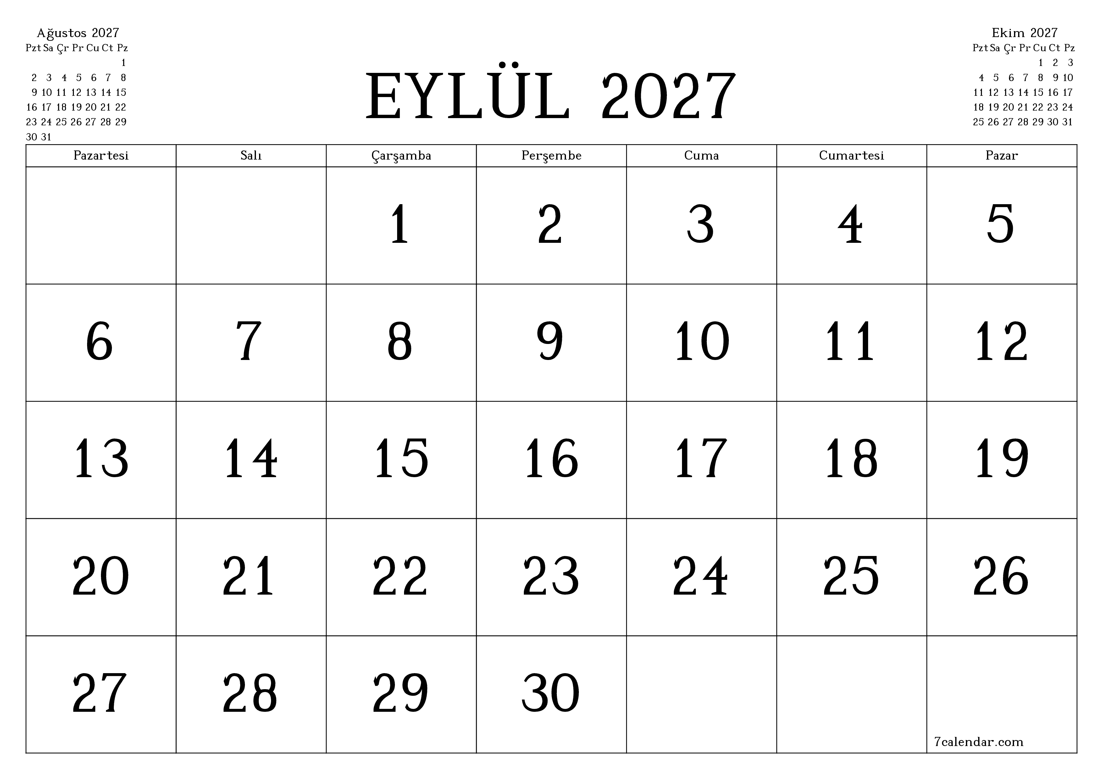 Eylül 2027 ayı için notlarla birlikte boş aylık planlayıcı, kaydedin ve PDF'ye yazdırın PNG Turkish