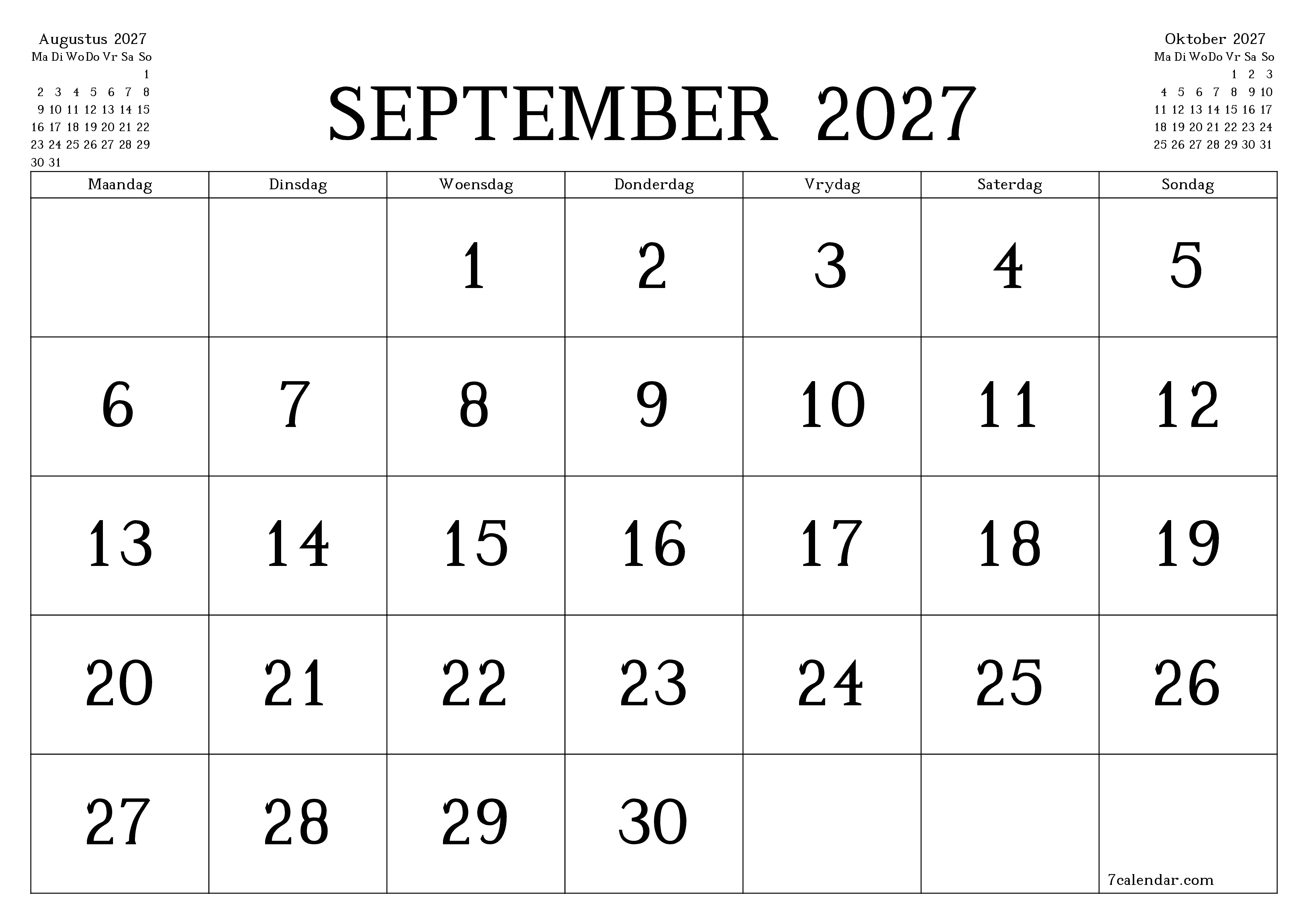 Leë maandelikse drukbare kalender en beplanner vir maand September 2027 met notas stoor en druk na PDF PNG Afrikaans