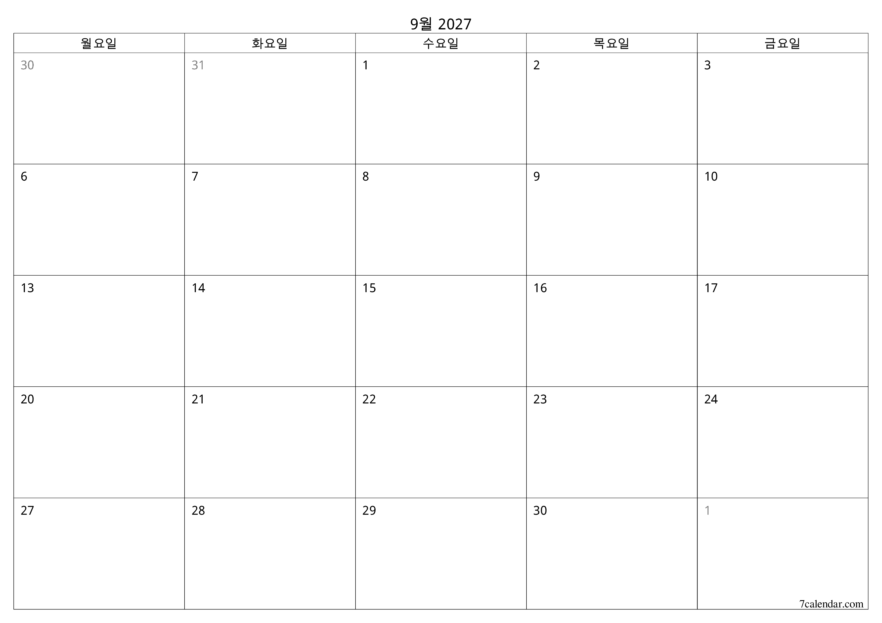 메모가있는 9월 2027 월의 월간 플래너 비우기, PDF PNG Korean-7calendar.com으로 저장 및 인쇄