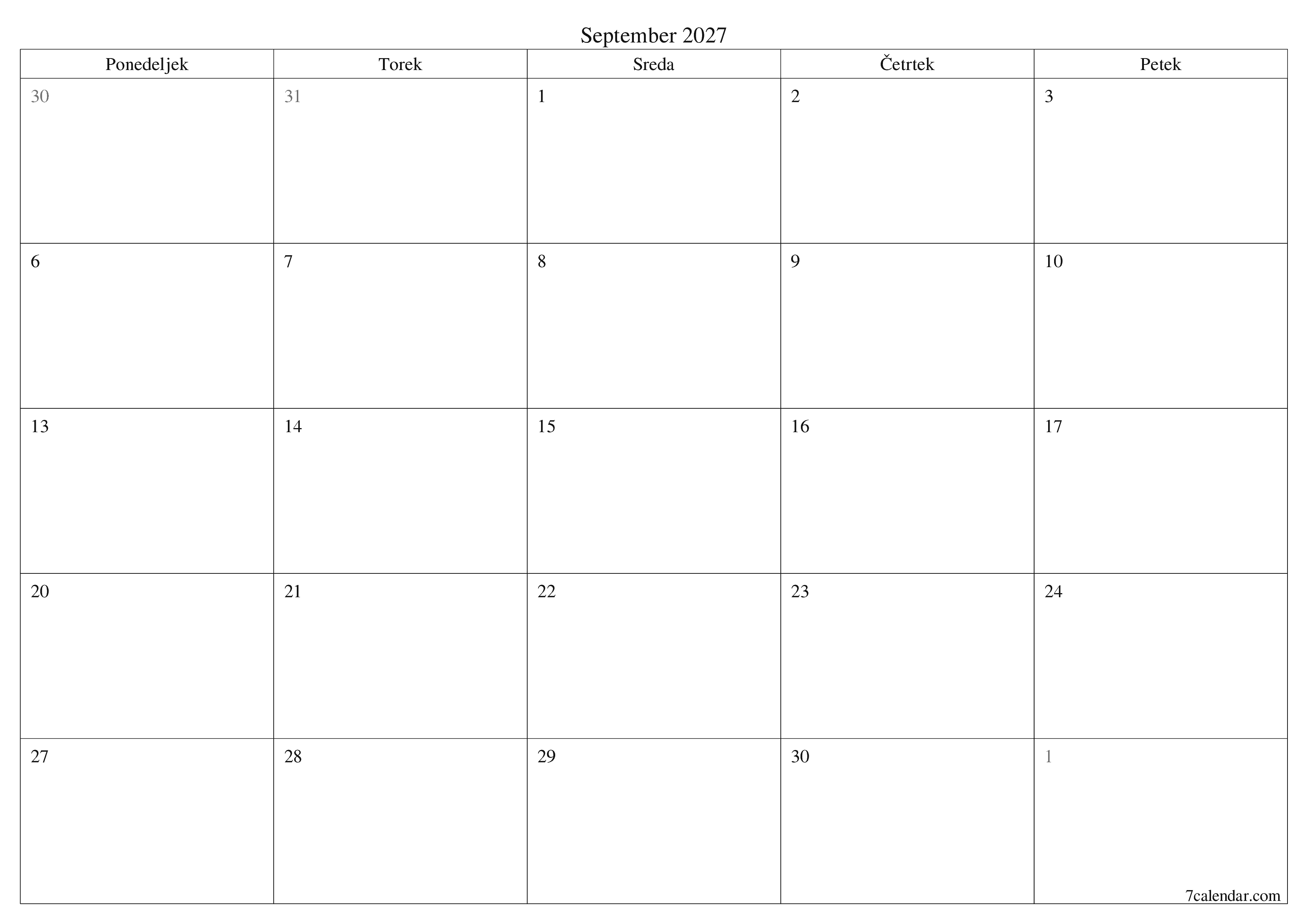 Prazen mesečni načrtovalec koledarja za mesec September 2027 z opombami, natisnjenimi v PDF PNG Slovenian