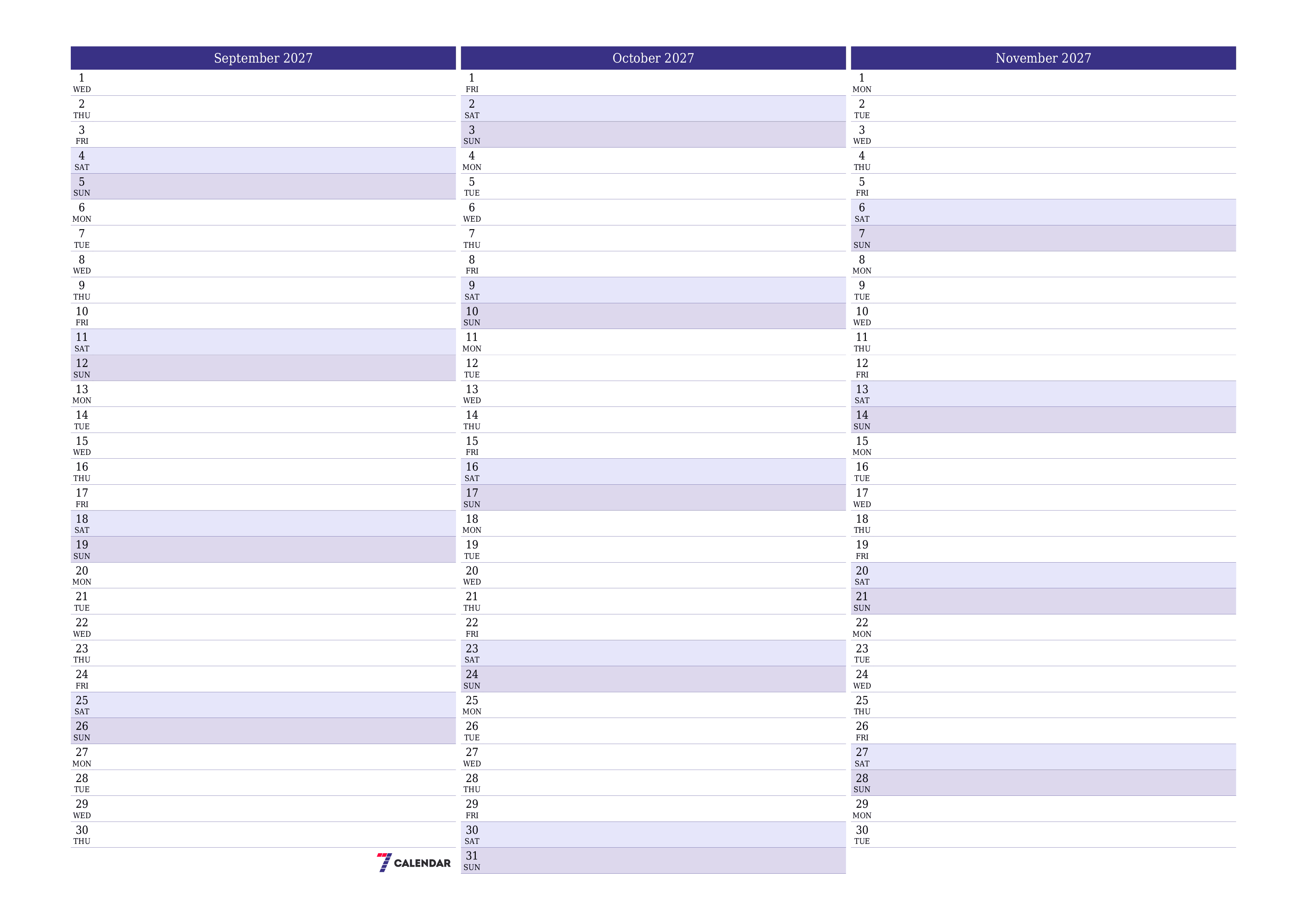 Blank calendar September 2027