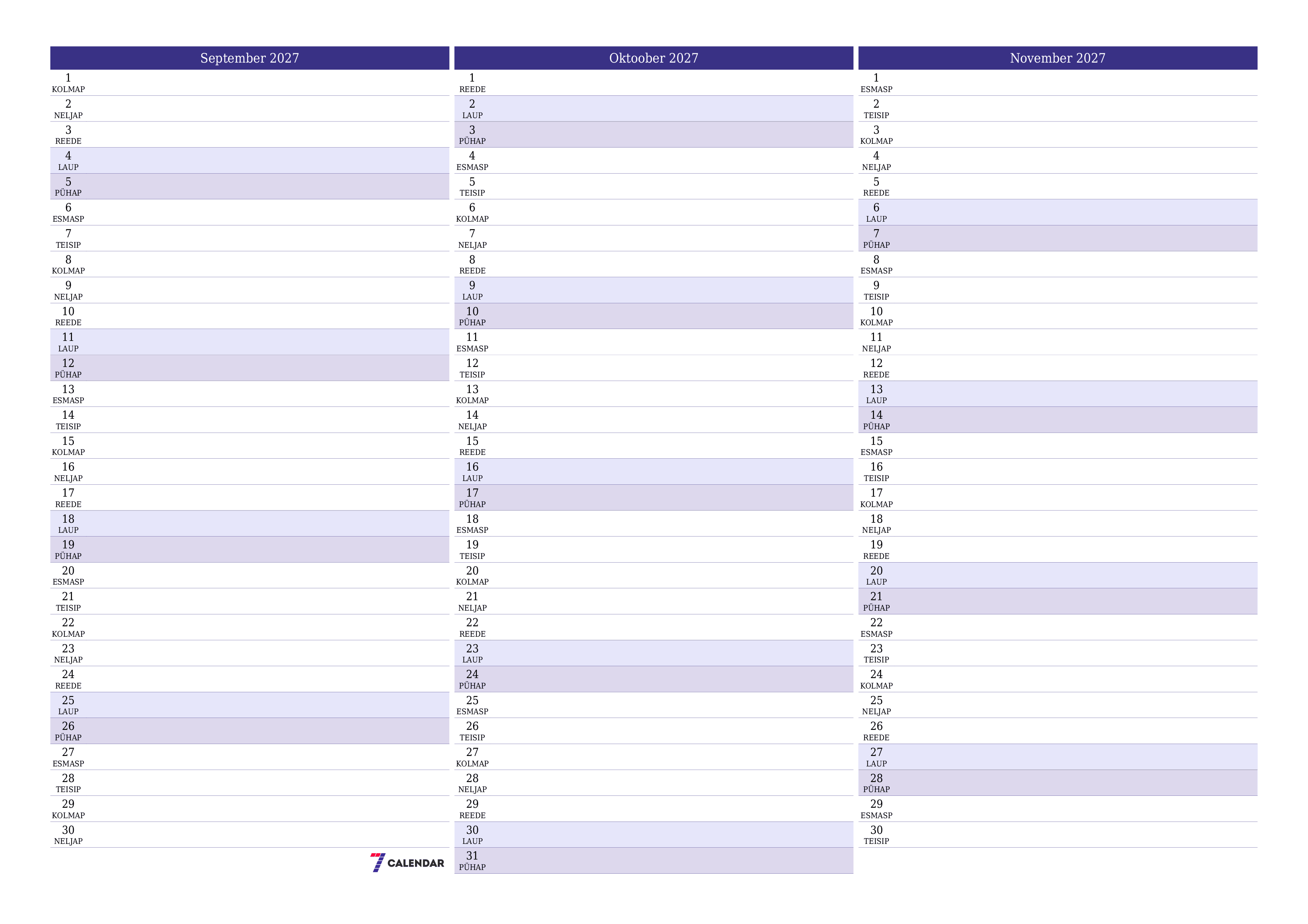 Tühjendage kuu September 2027 kuuplaneerija märkmetega, salvestage ja printige PDF-i PNG Estonian