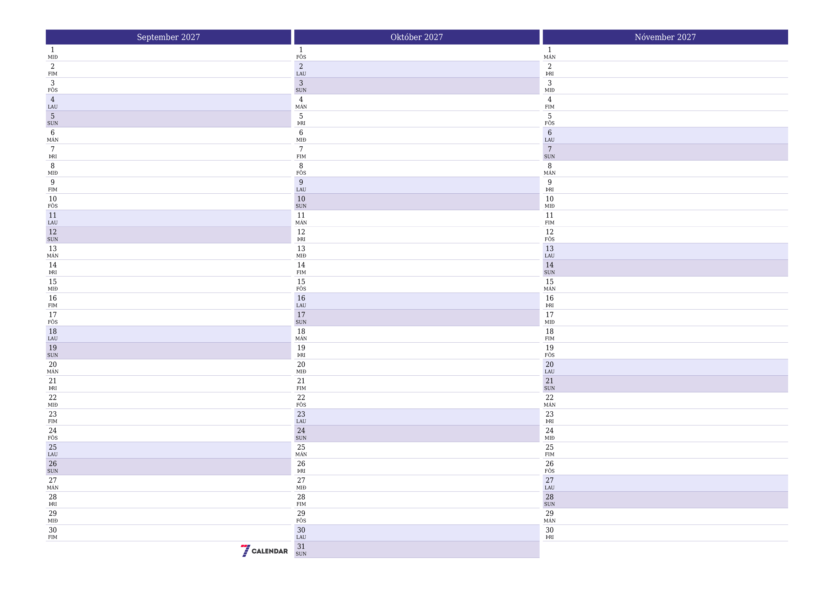 Tómur mánaðarlegur skipuleggjandi fyrir mánuðinn September 2027 með athugasemdum, vista og prenta á PDF PNG Icelandic