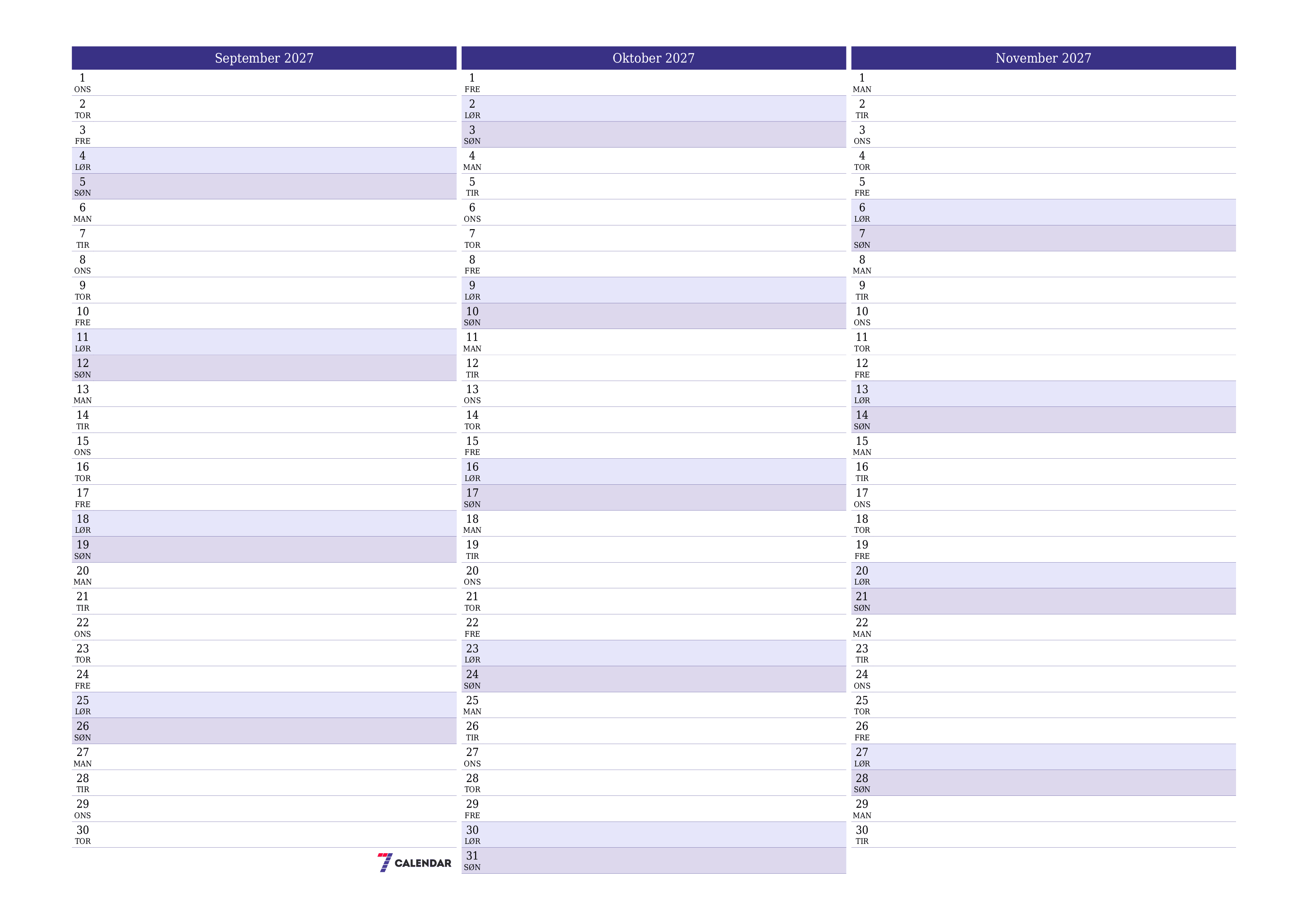 Tom månedlig planlegger for måned September 2027 med notater, lagre og skriv ut til PDF PNG Norwegian