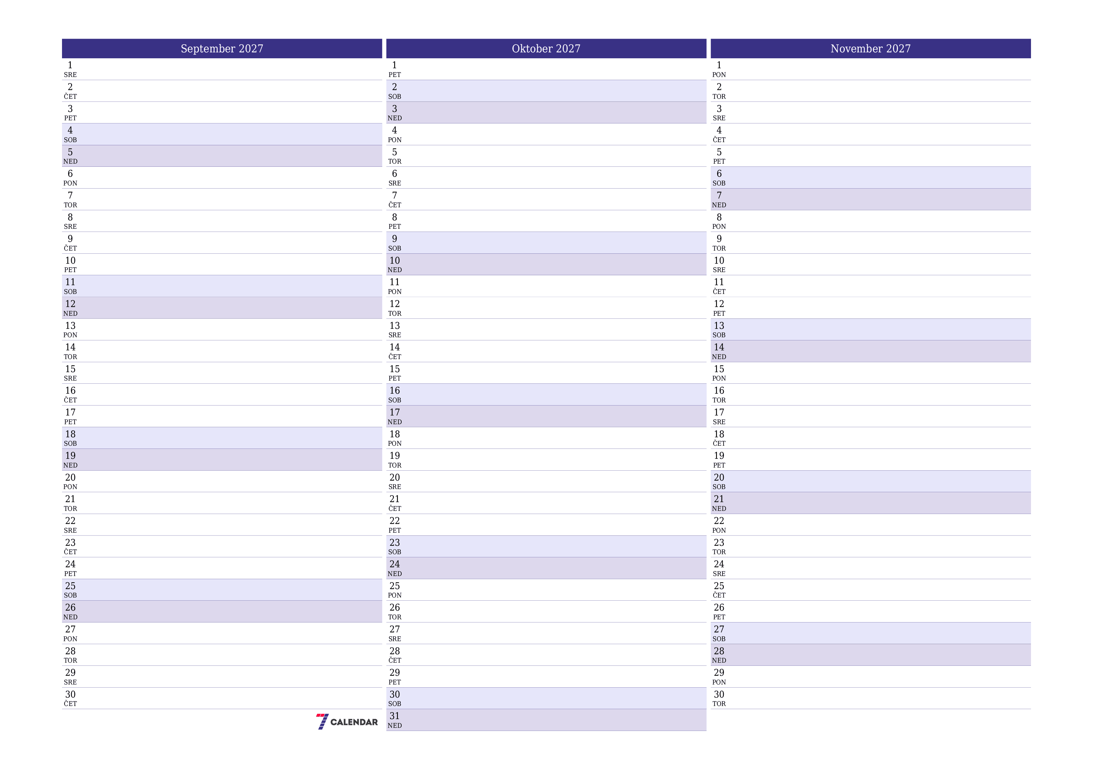 Prazen mesečni načrtovalec koledarja za mesec September 2027 z opombami, natisnjenimi v PDF PNG Slovenian