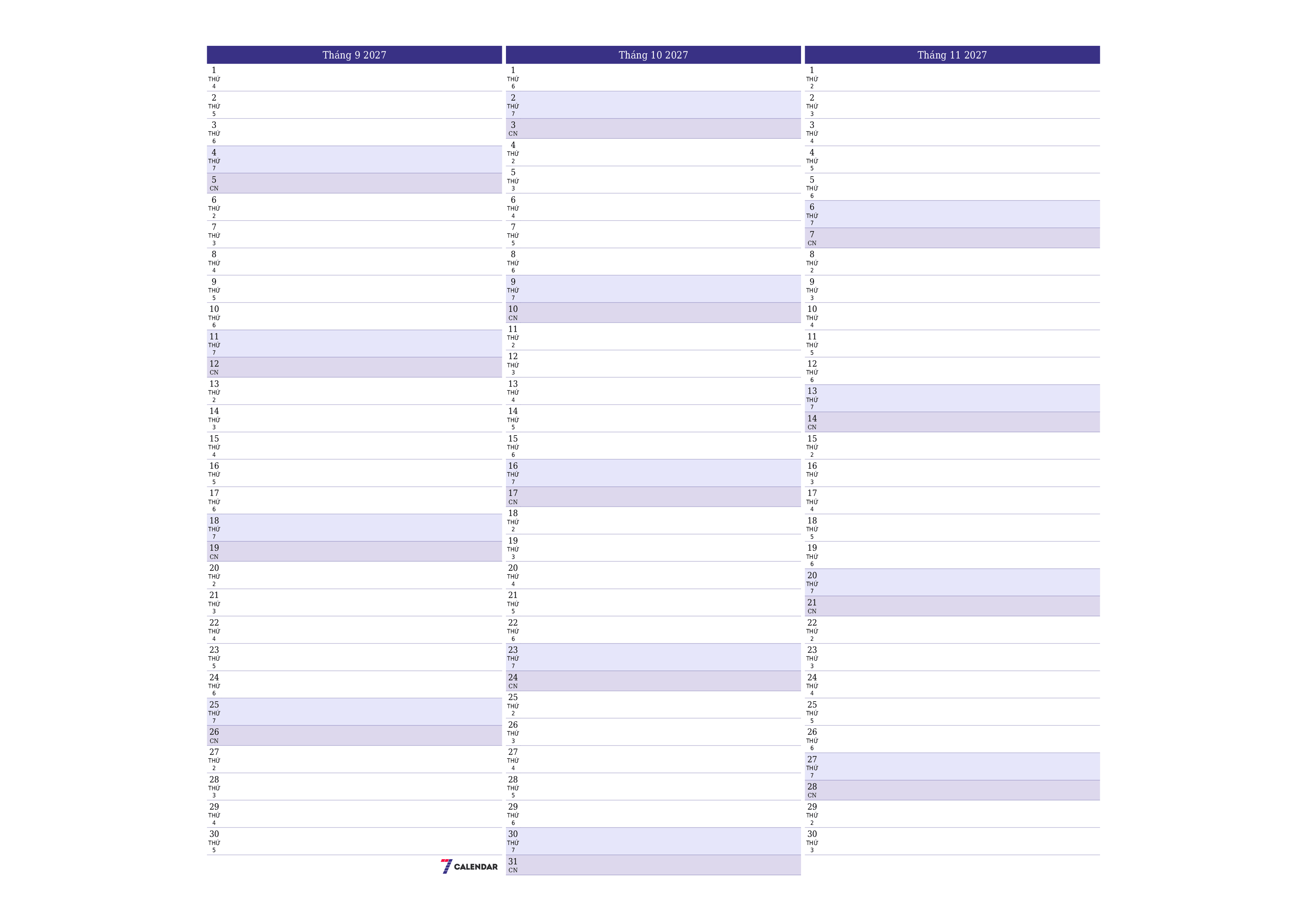 Công cụ lập kế hoạch hàng tháng trống cho tháng Tháng 9 2027 có ghi chú, lưu và in sang PDF PNG Vietnamese