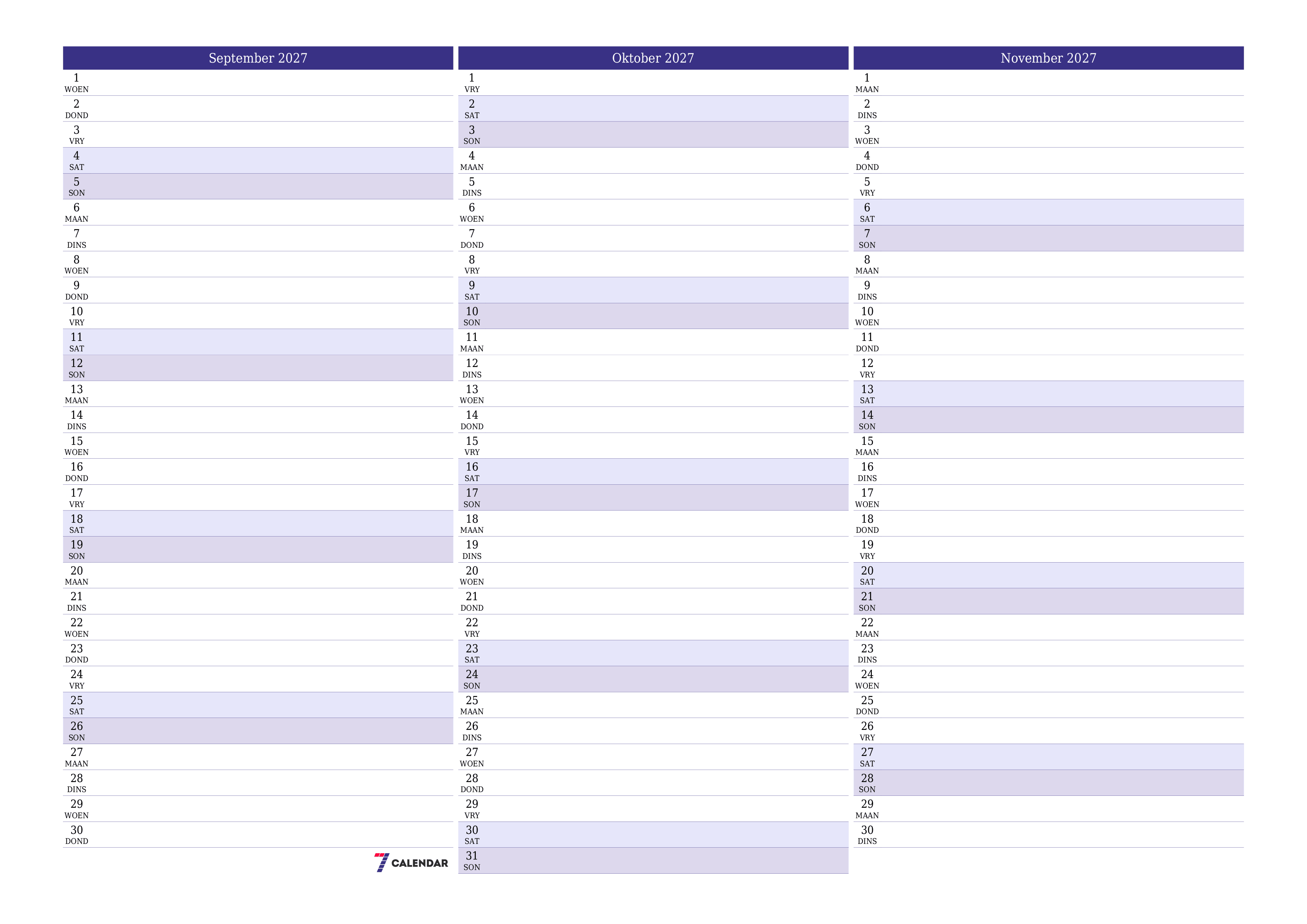 Leë maandelikse drukbare kalender en beplanner vir maand September 2027 met notas stoor en druk na PDF PNG Afrikaans