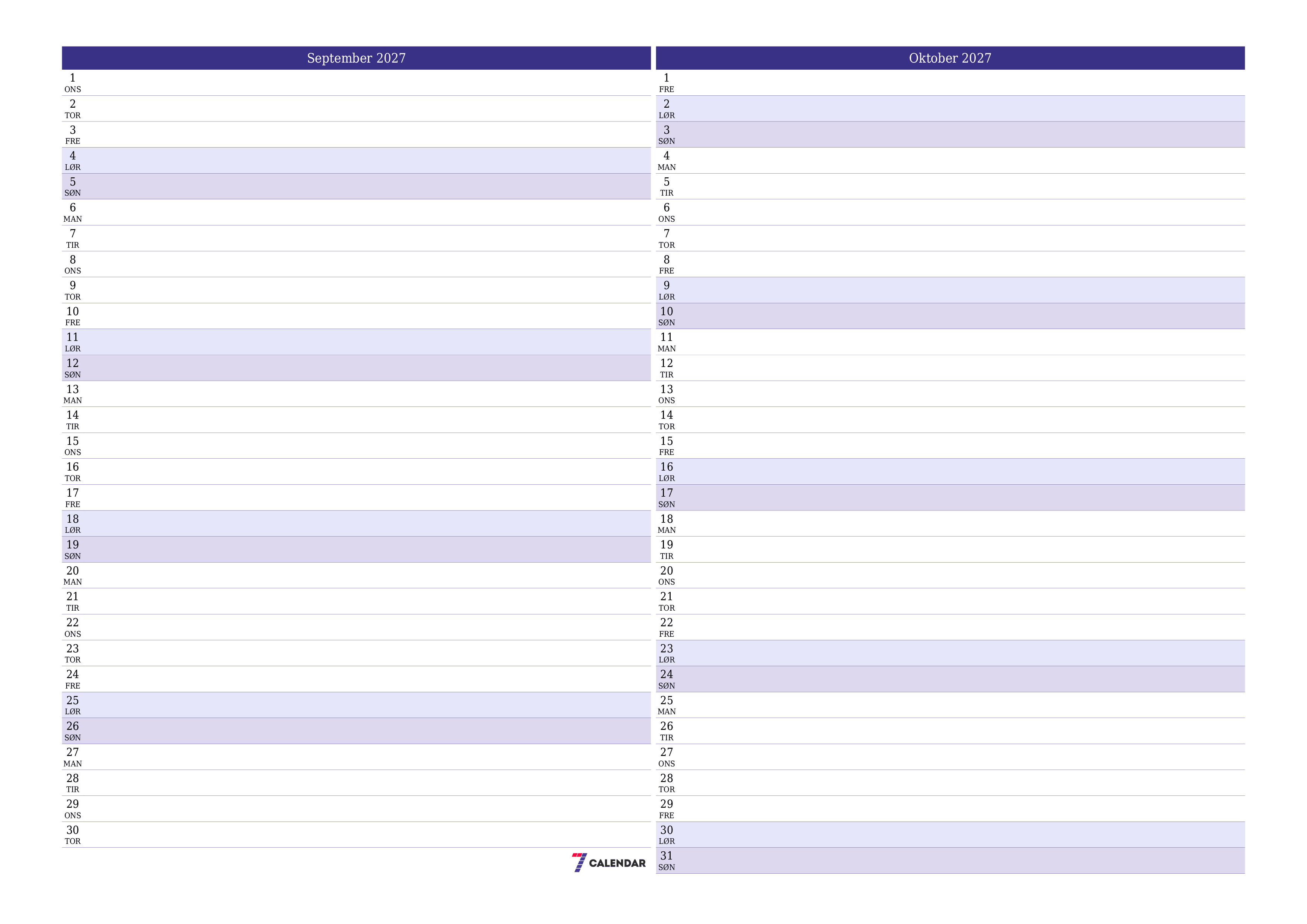 Tom månedlig planlegger for måned September 2027 med notater, lagre og skriv ut til PDF PNG Norwegian