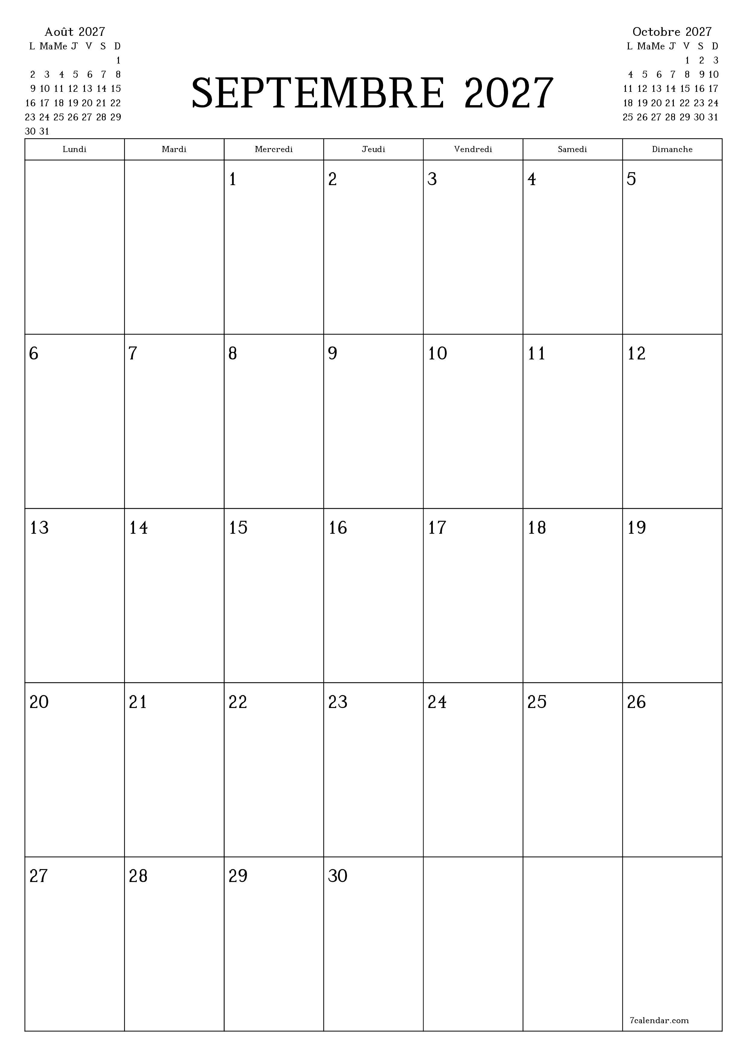Agenda mensuel vide pour le mois Septembre 2027 avec notes, enregistrez et imprimez au format PDF PNG French