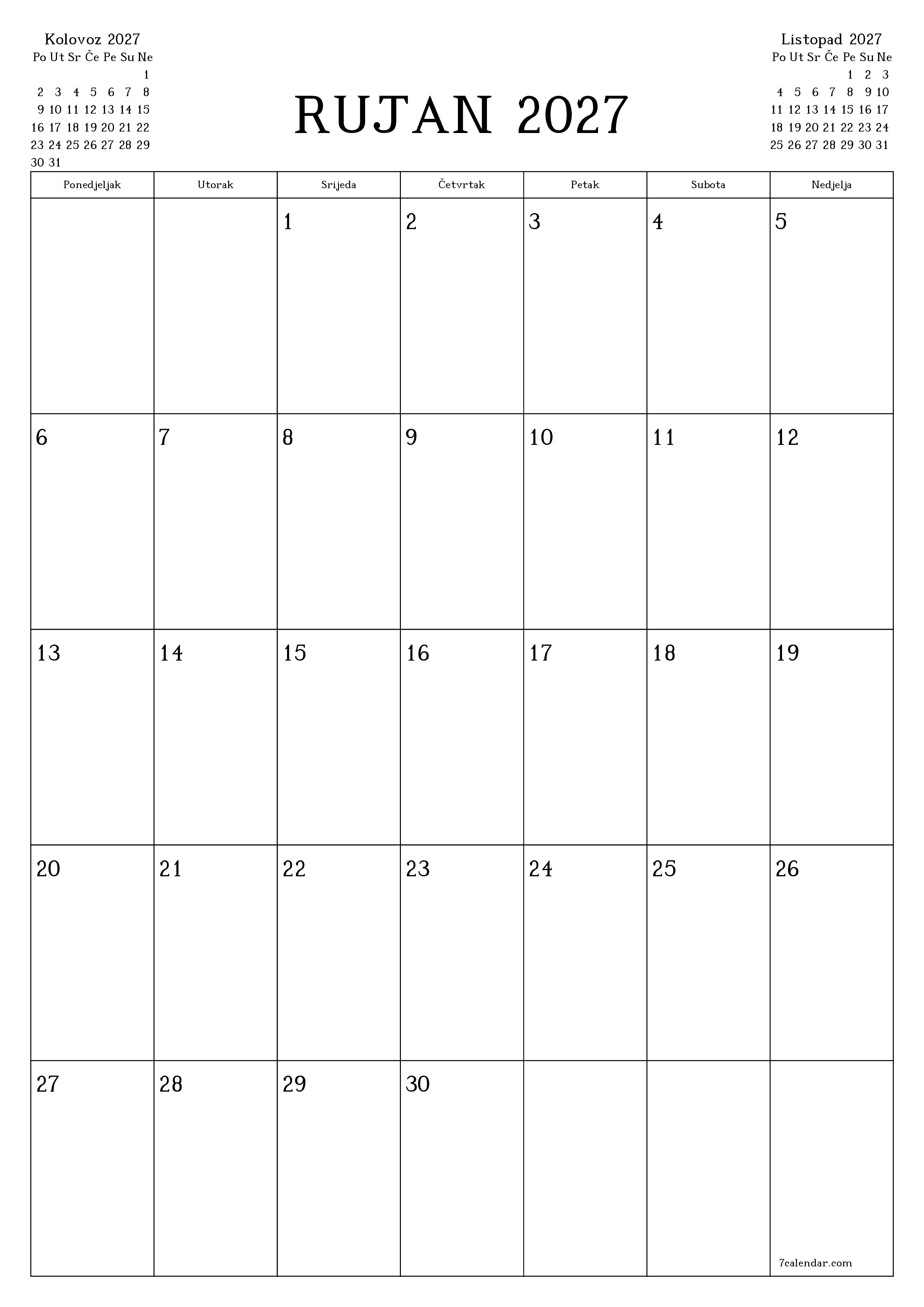  za ispis zidni predložak a besplatni okomito Mjesečni planer kalendar Rujan (Ruj) 2027