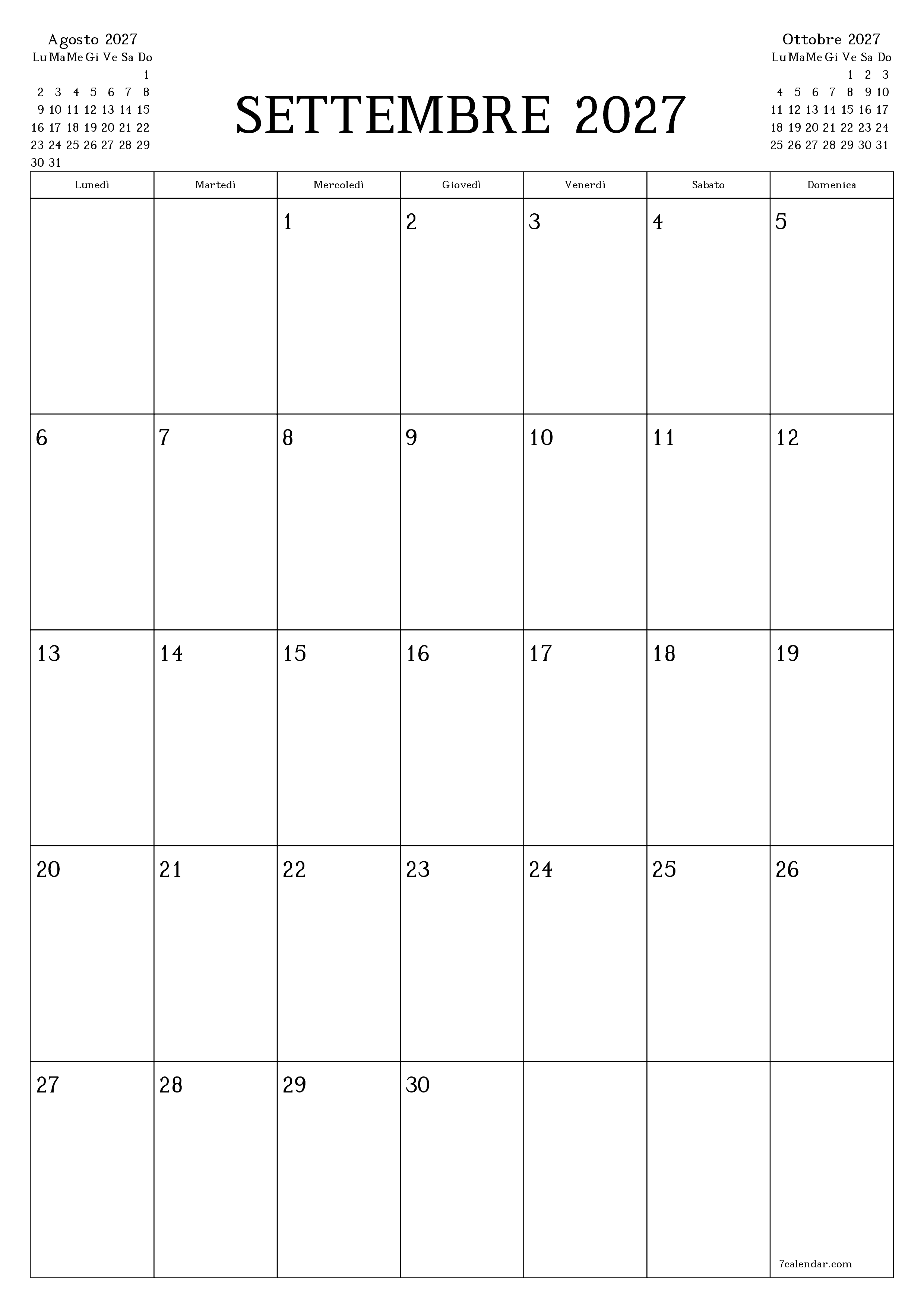 Pianificatore mensile vuoto per il mese Settembre 2027 con note, salva e stampa in PDF PNG Italian