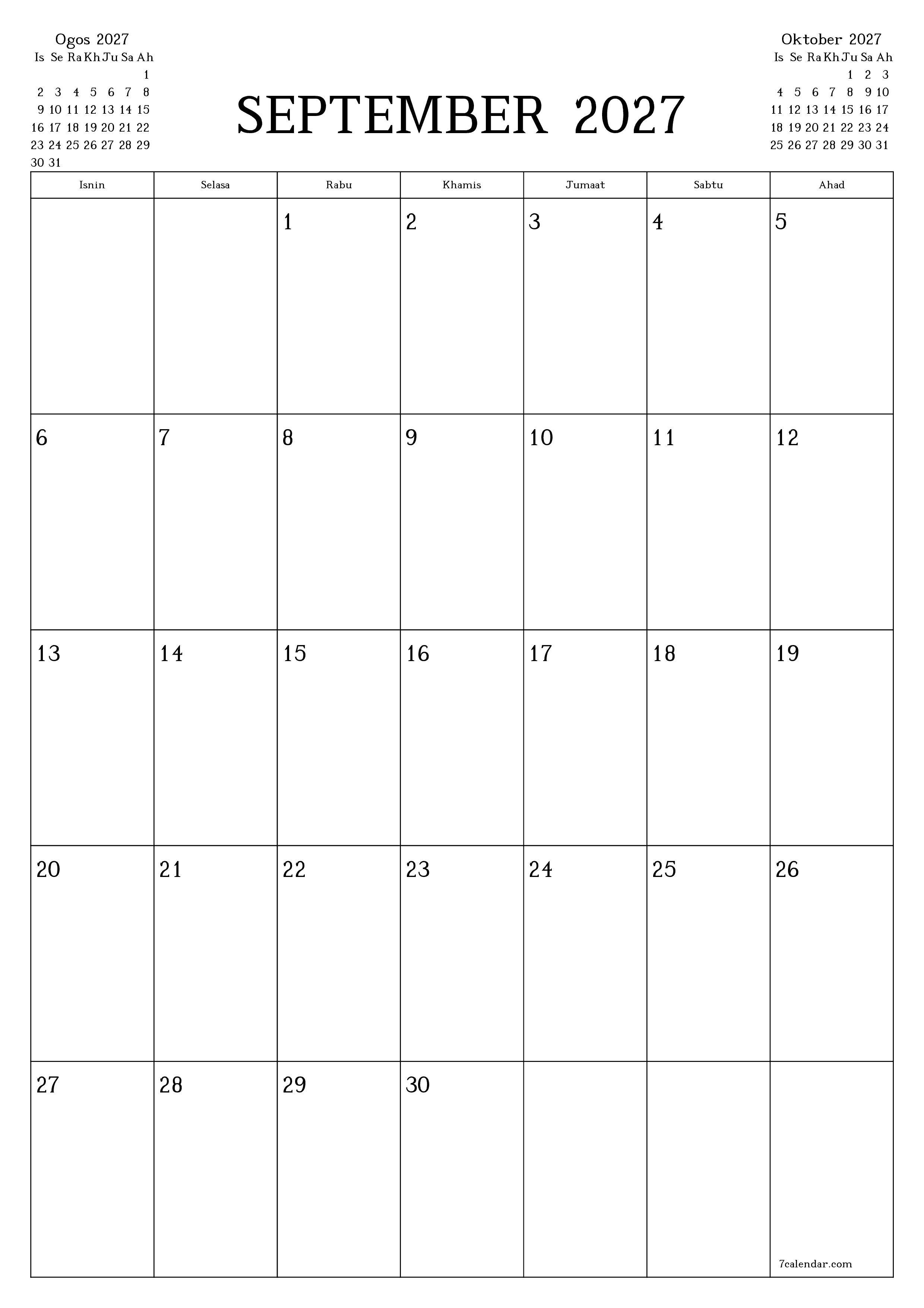 Perancang bulanan kosong untuk bulan September 2027 dengan nota, simpan dan cetak ke PDF PNG Malay