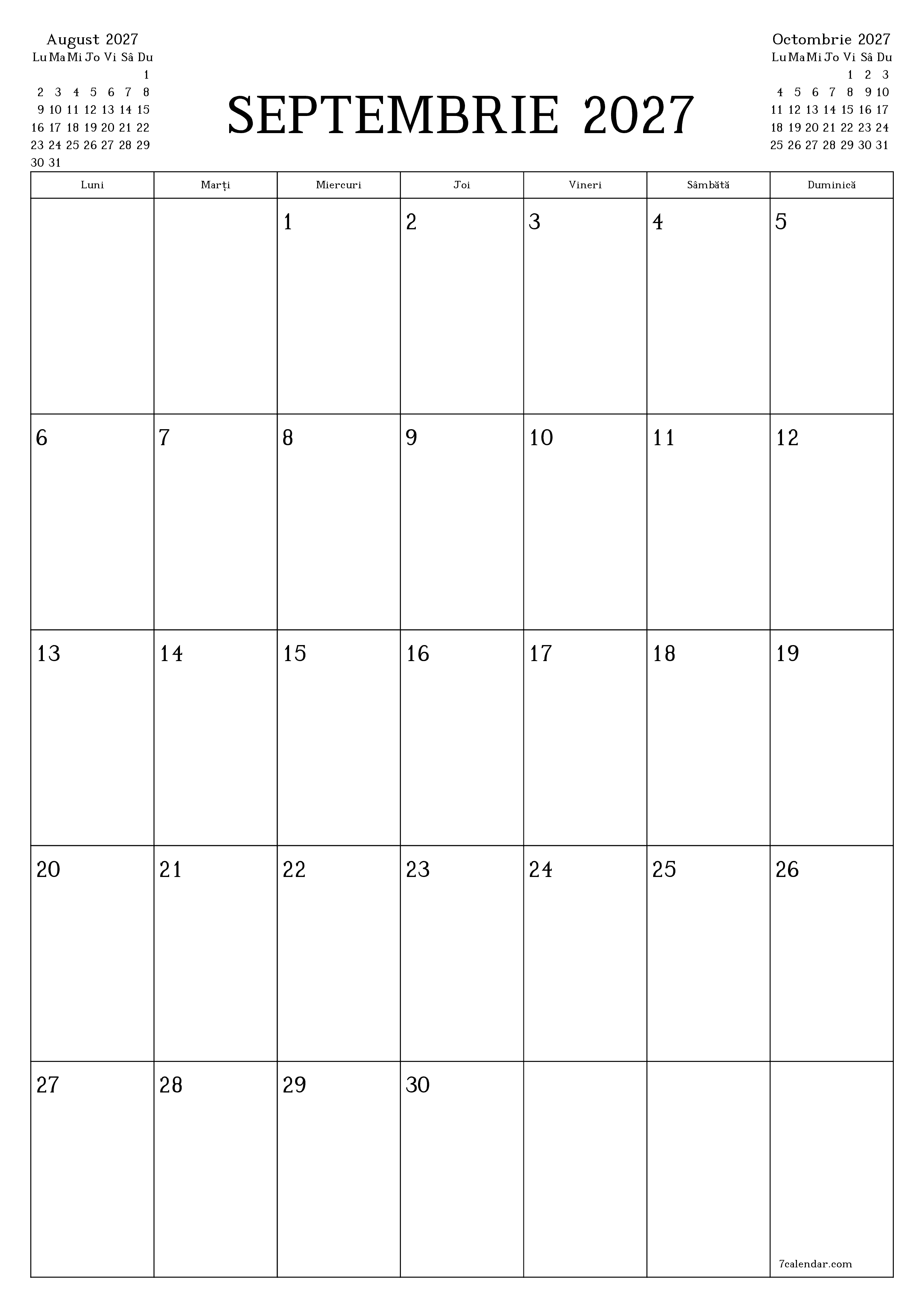 Planificator lunar gol pentru luna Septembrie 2027 cu note, salvați și tipăriți în PDF PNG Romanian