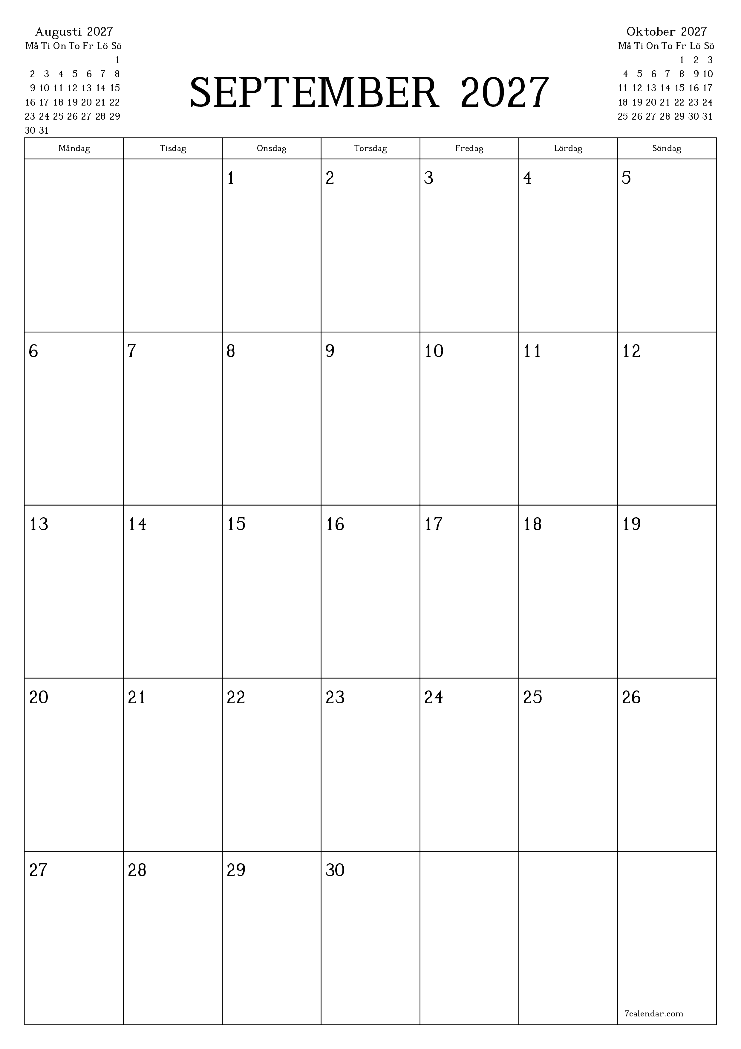 utskrivbar vägg mall gratis vertikal Månatlig planerare kalender September (Sep) 2027