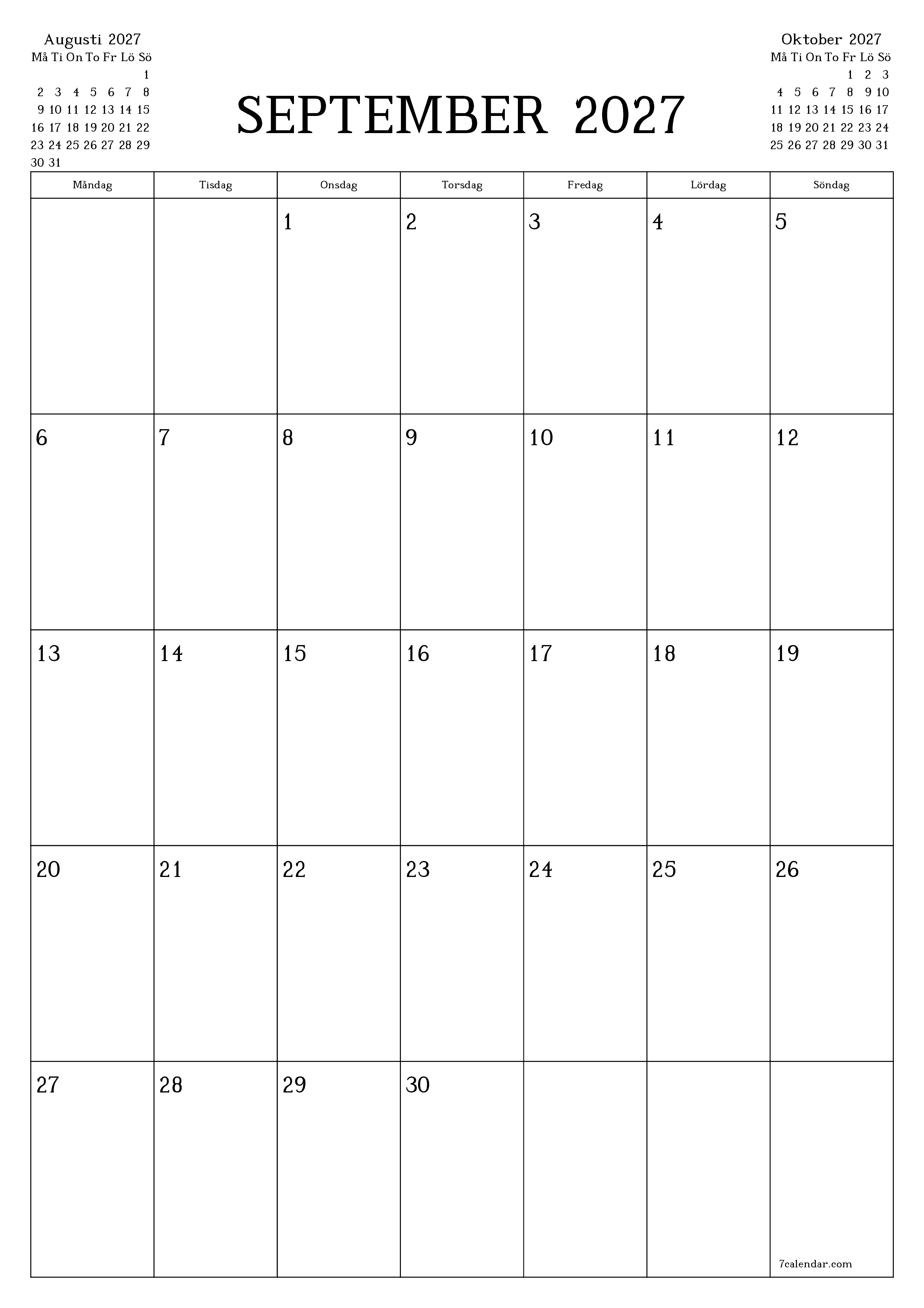 Tom månadsplanerare för månad September 2027 med anteckningar, spara och skriv ut till PDF PNG Swedish