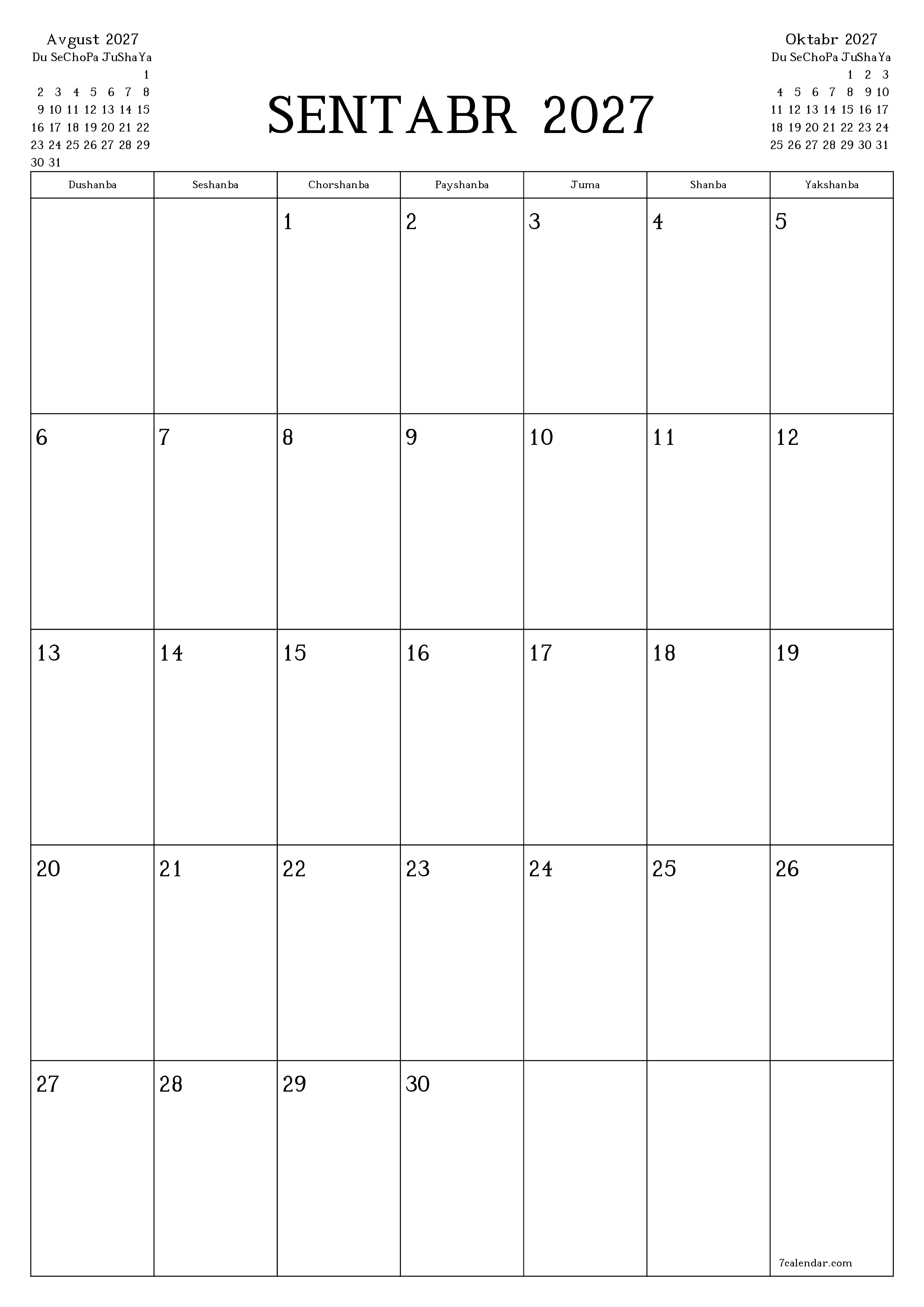 Sentabr 2027 oylik oylik rejalashtiruvchini yozuvlar bilan bo'shatish, saqlash va PDF-ga chop etish PNG Uzbek