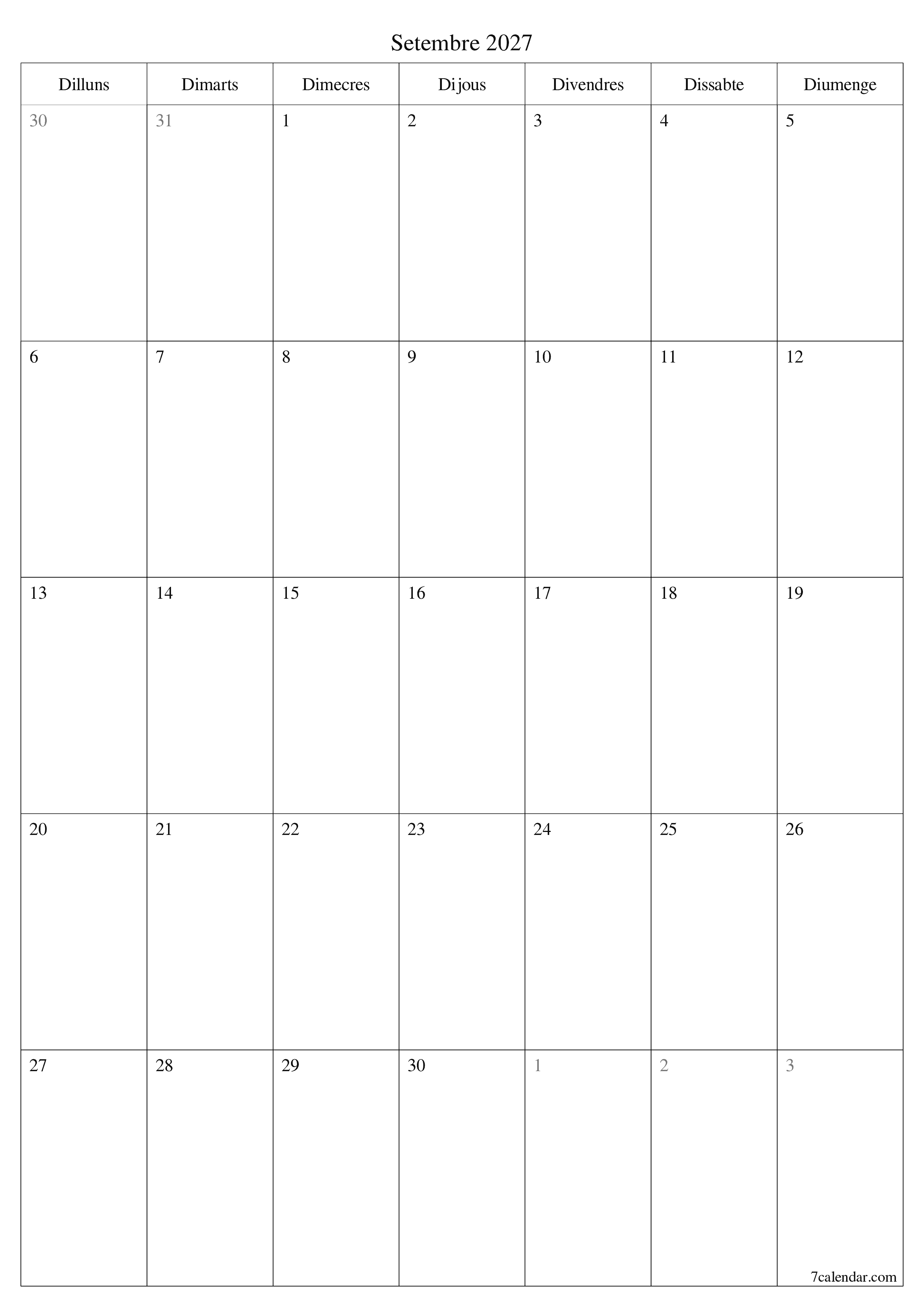 Planificador mensual buit del mes Setembre 2027 amb notes, deseu-lo i imprimiu-lo en format PDF PNG Catalan