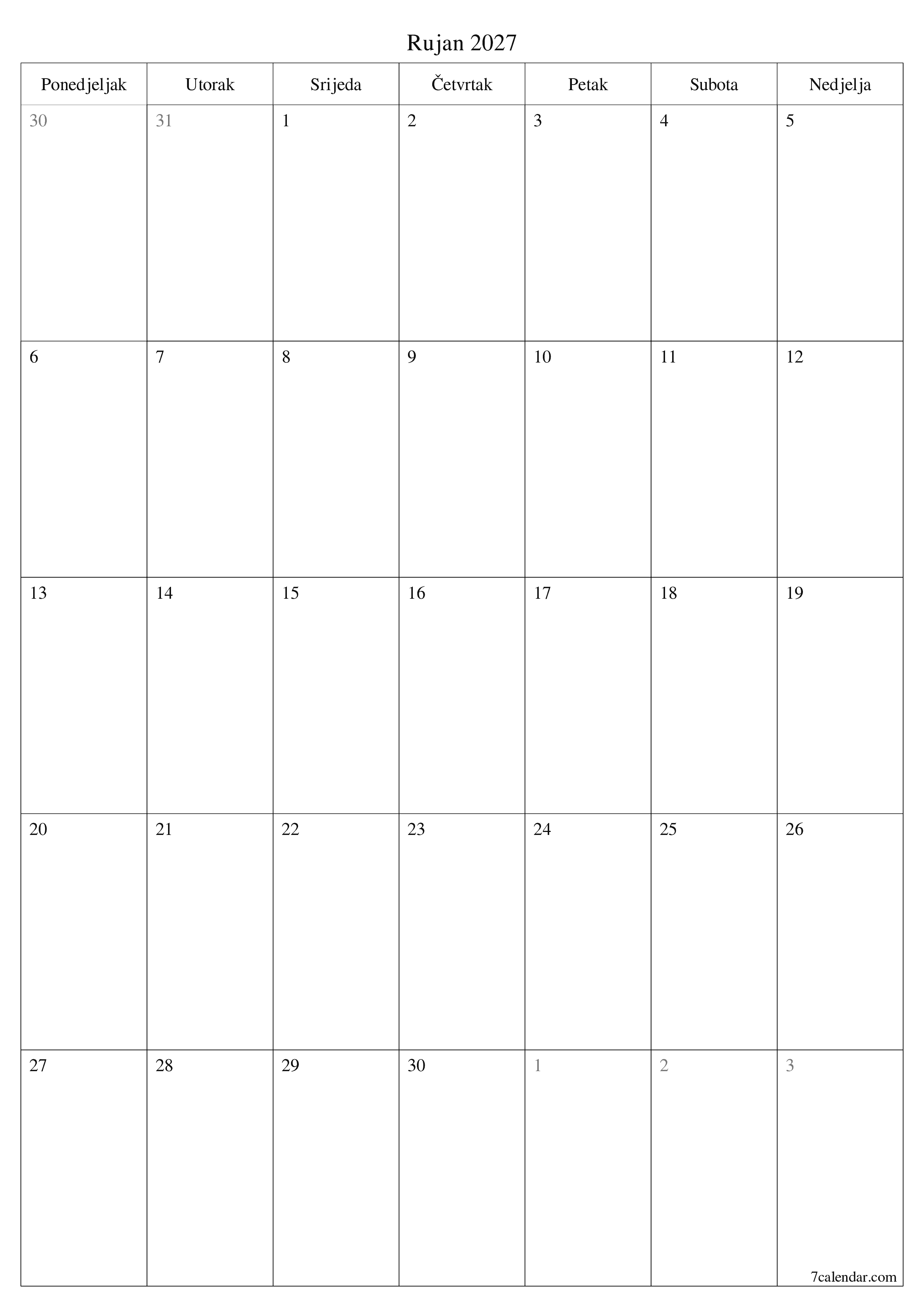  za ispis zidni predložak a besplatni okomito Mjesečni planer kalendar Rujan (Ruj) 2027