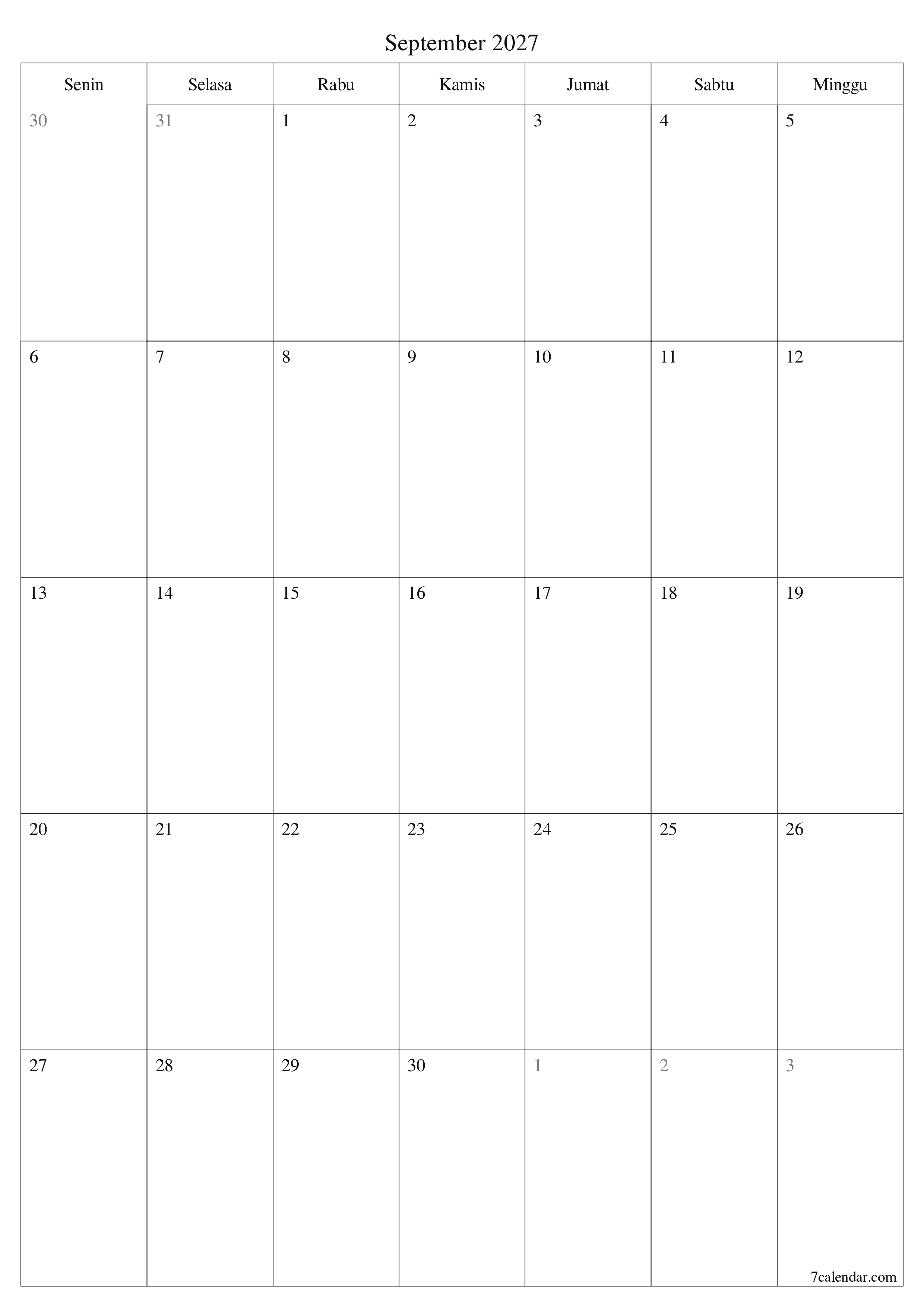 Kosongkan agenda bulanan untuk bulan September 2027 dengan catatan, simpan dan cetak ke PDF PNG Indonesian