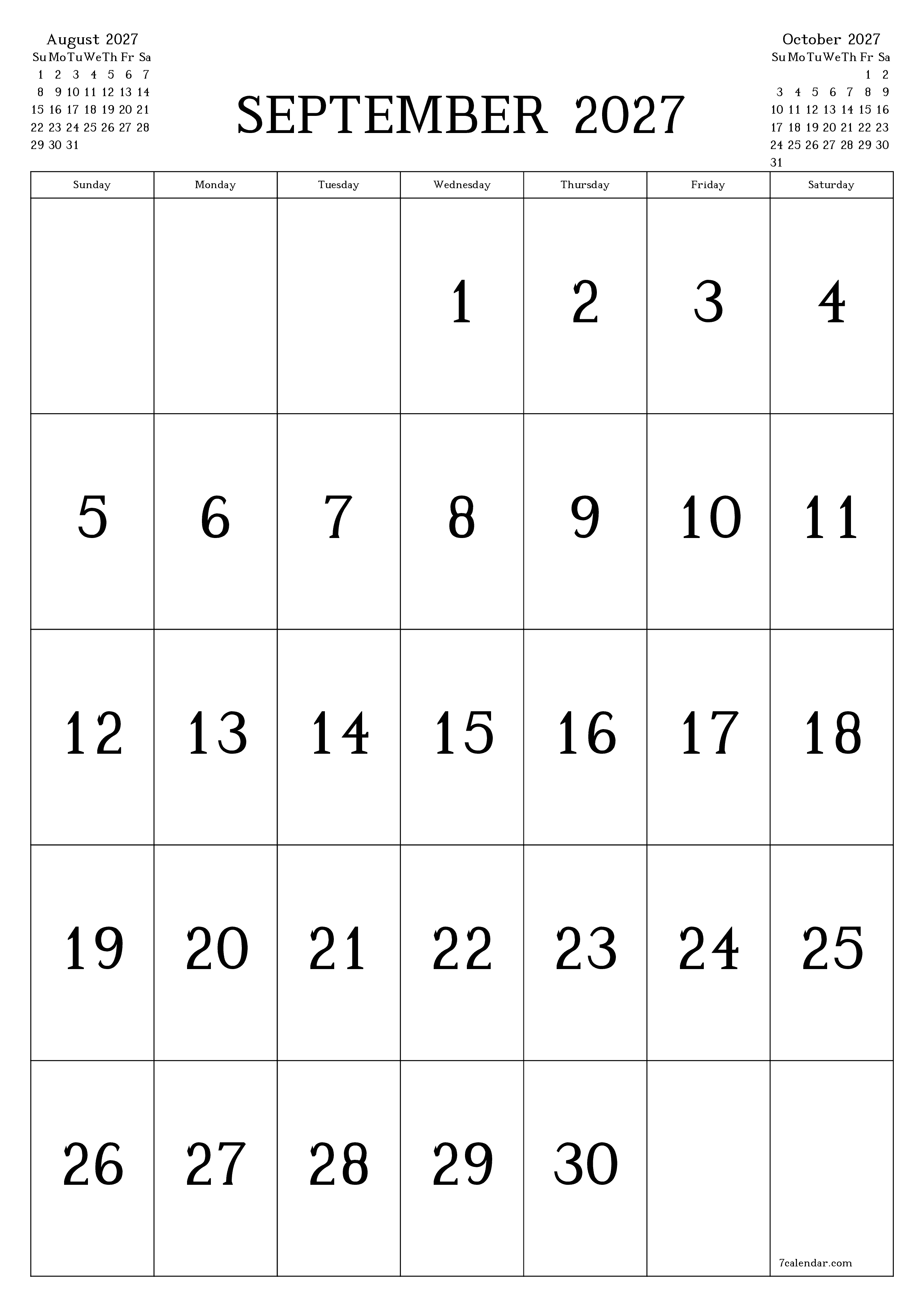 Blank calendar September 2027