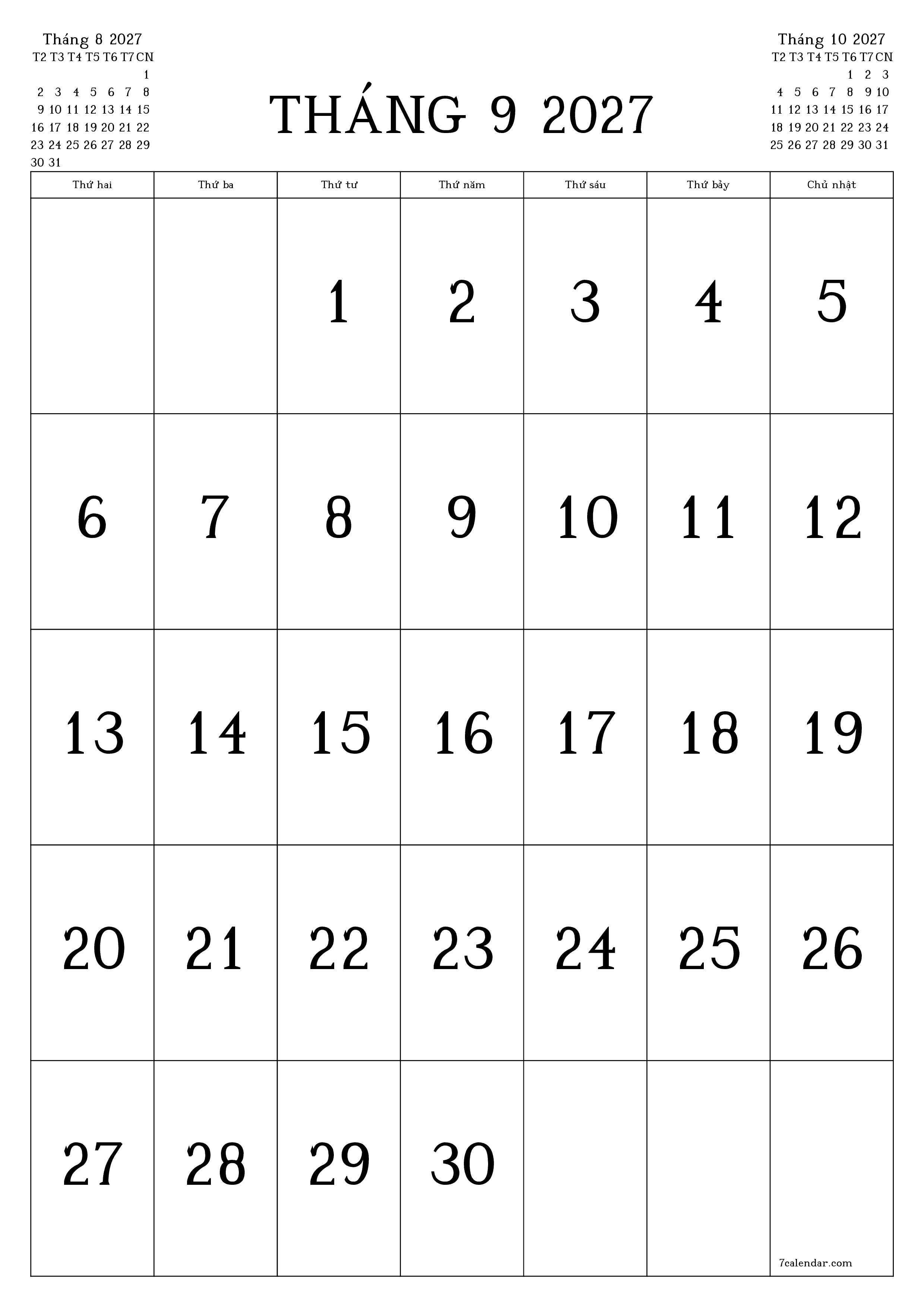Công cụ lập kế hoạch hàng tháng trống cho tháng Tháng 9 2027 có ghi chú, lưu và in sang PDF PNG Vietnamese