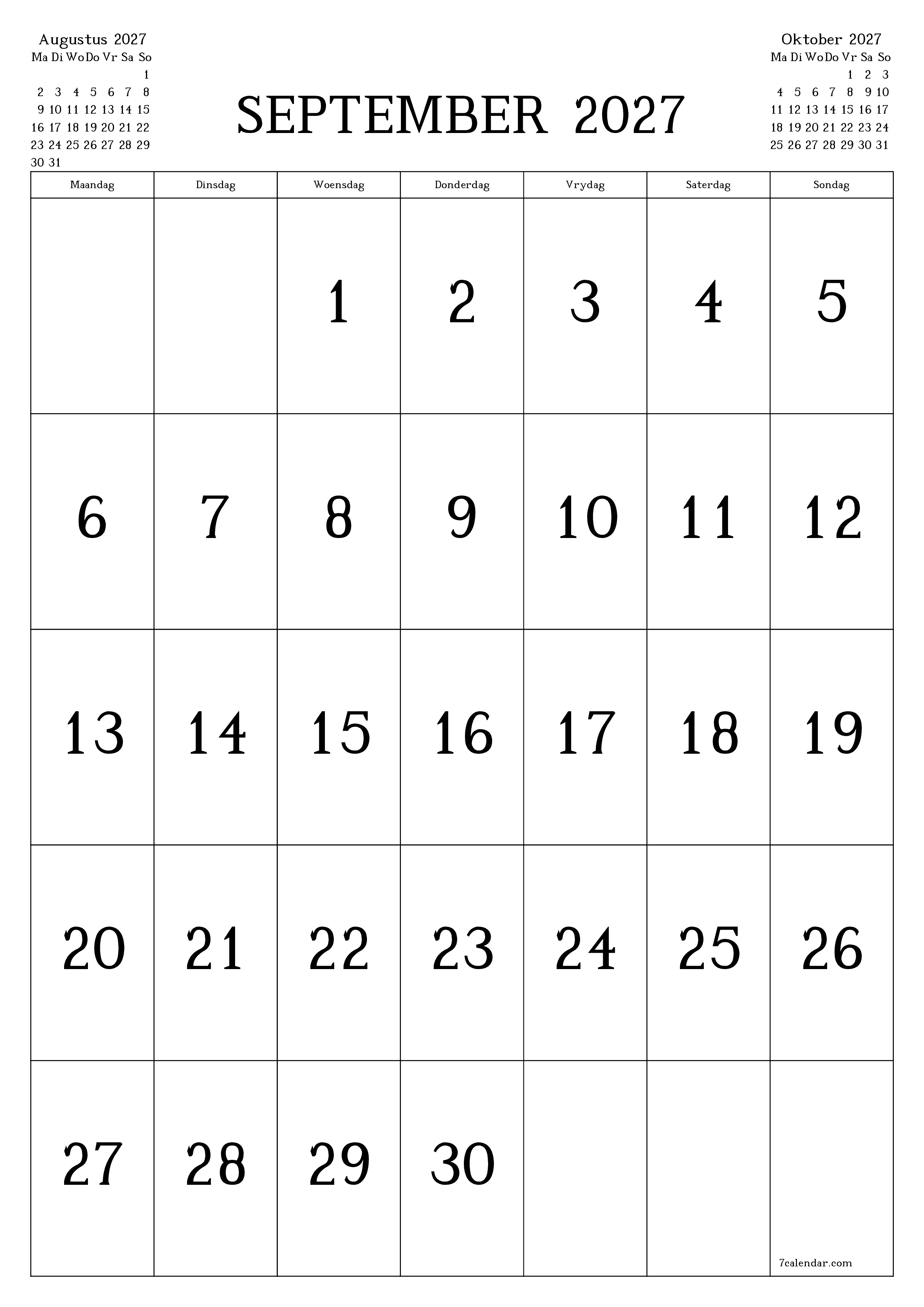 Leë maandelikse drukbare kalender en beplanner vir maand September 2027 met notas stoor en druk na PDF PNG Afrikaans