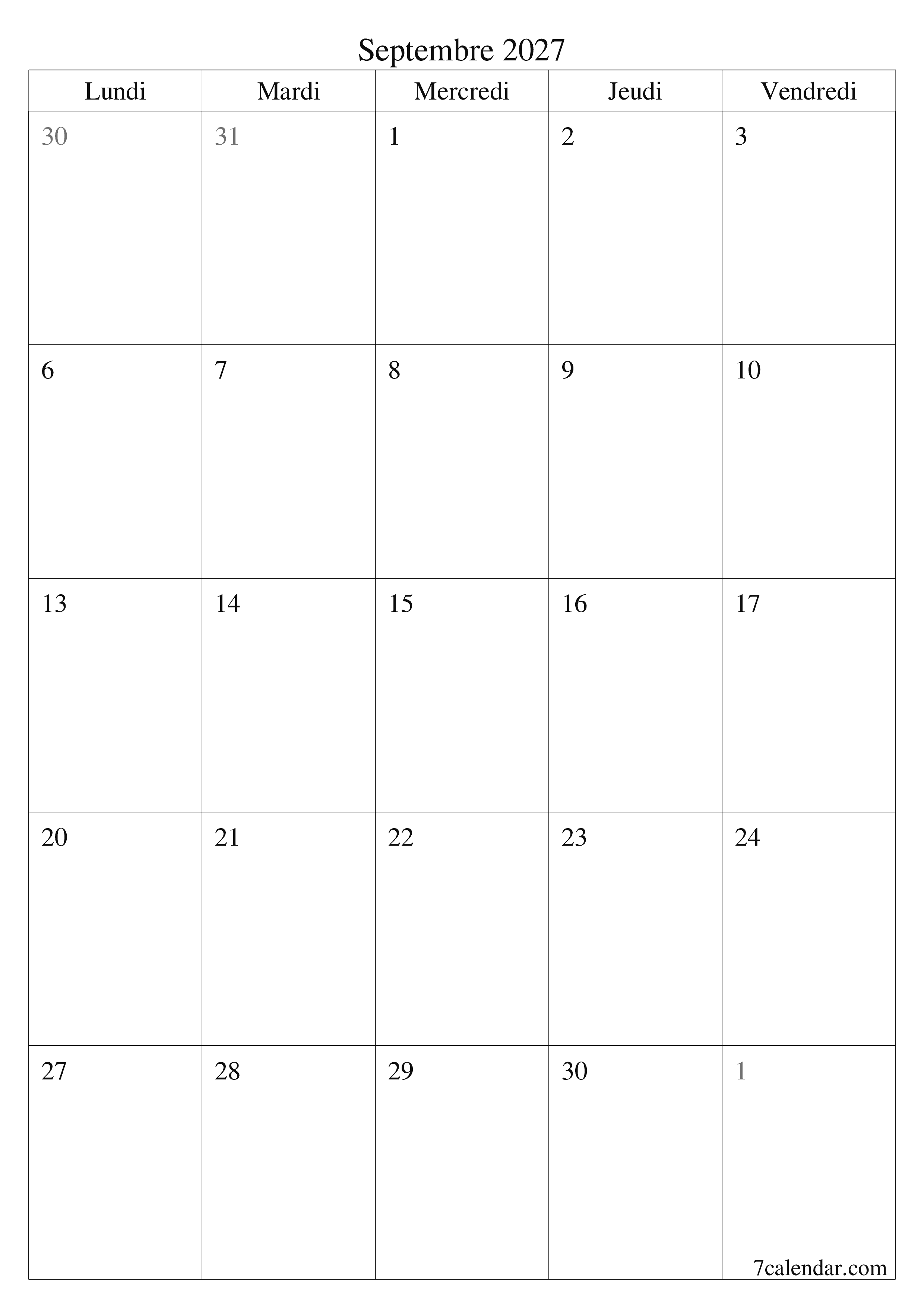 Agenda mensuel vide pour le mois Septembre 2027 avec notes, enregistrez et imprimez au format PDF PNG French