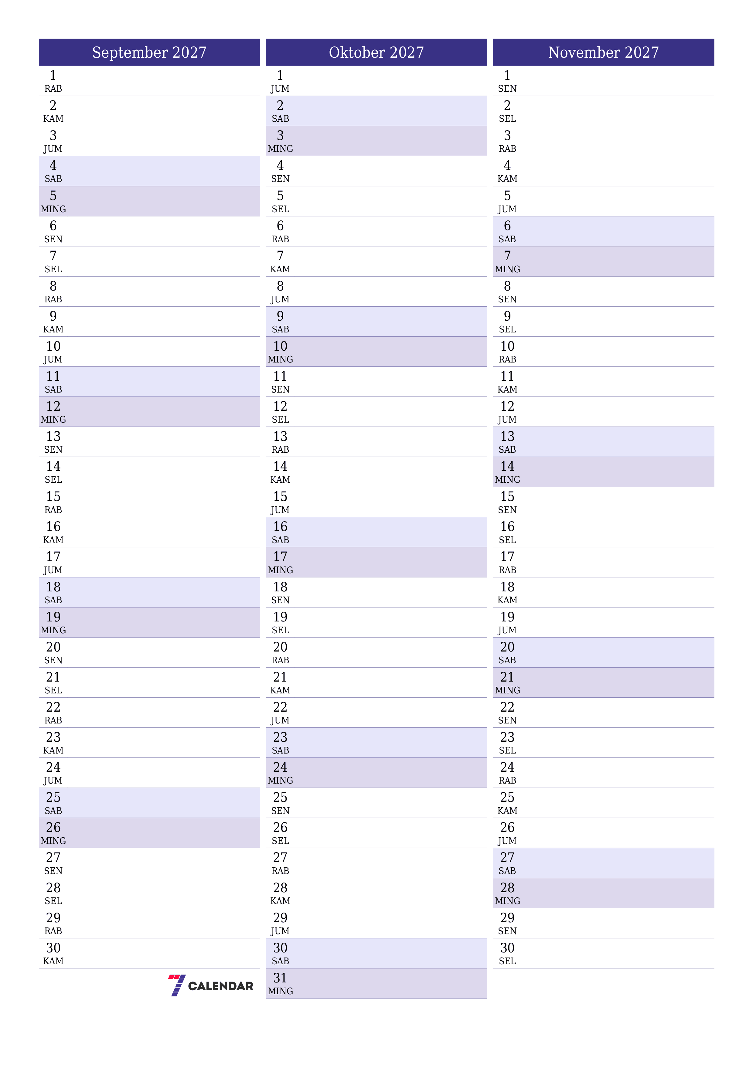 Kosongkan agenda bulanan untuk bulan September 2027 dengan catatan, simpan dan cetak ke PDF PNG Indonesian