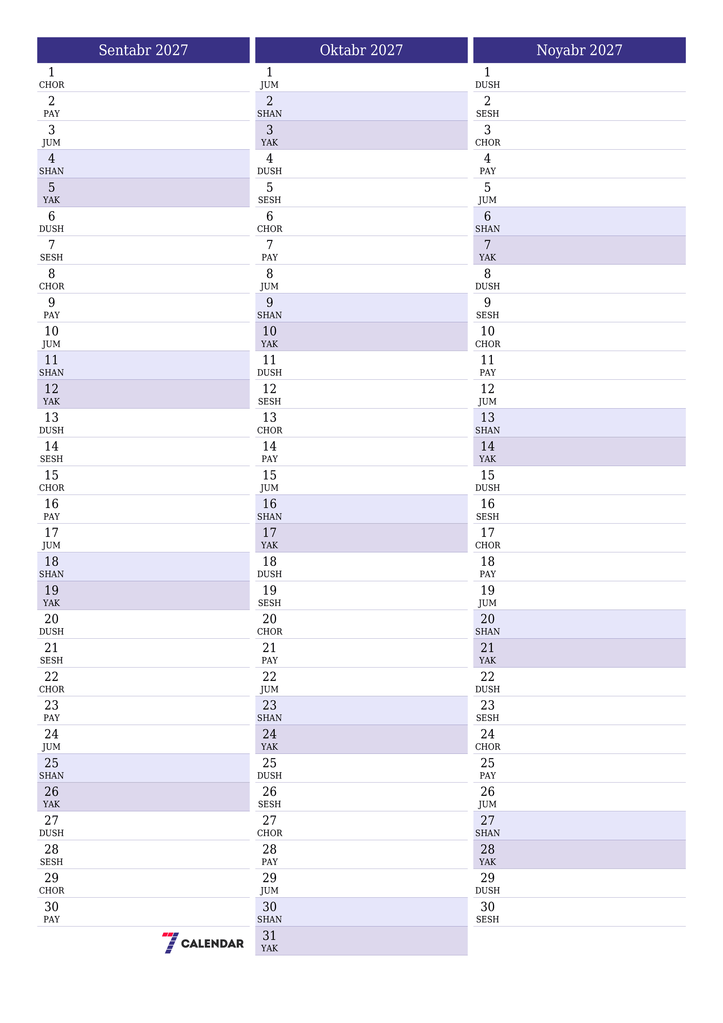 Sentabr 2027 oylik oylik rejalashtiruvchini yozuvlar bilan bo'shatish, saqlash va PDF-ga chop etish PNG Uzbek