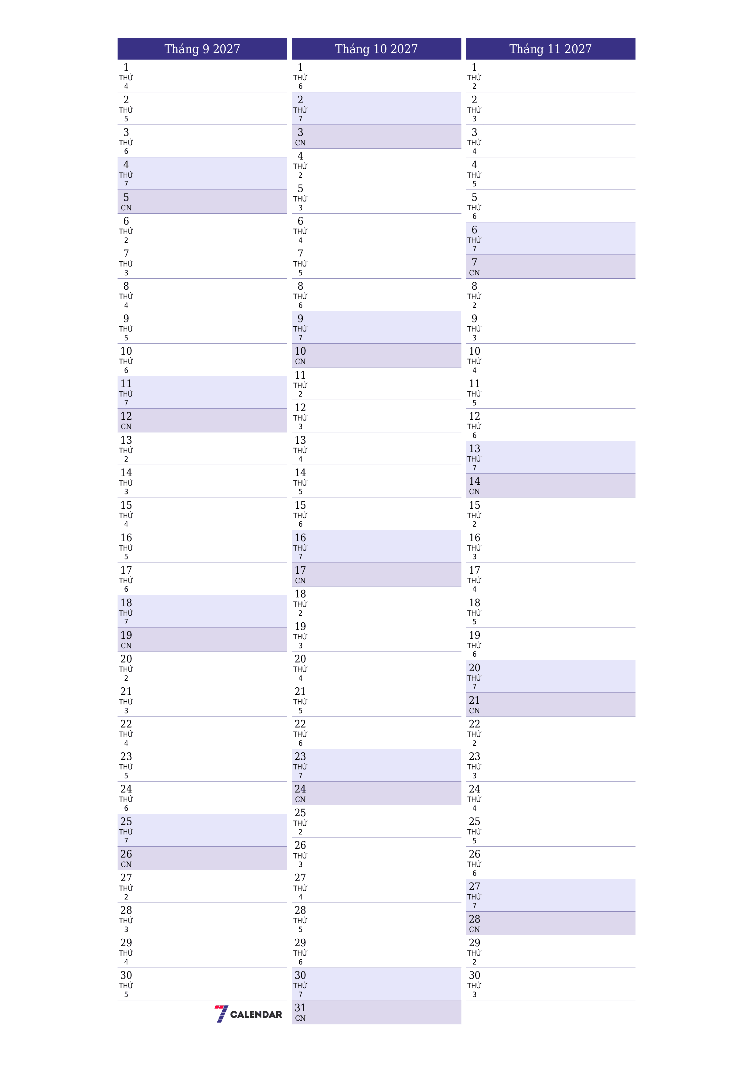 Công cụ lập kế hoạch hàng tháng trống cho tháng Tháng 9 2027 có ghi chú, lưu và in sang PDF PNG Vietnamese