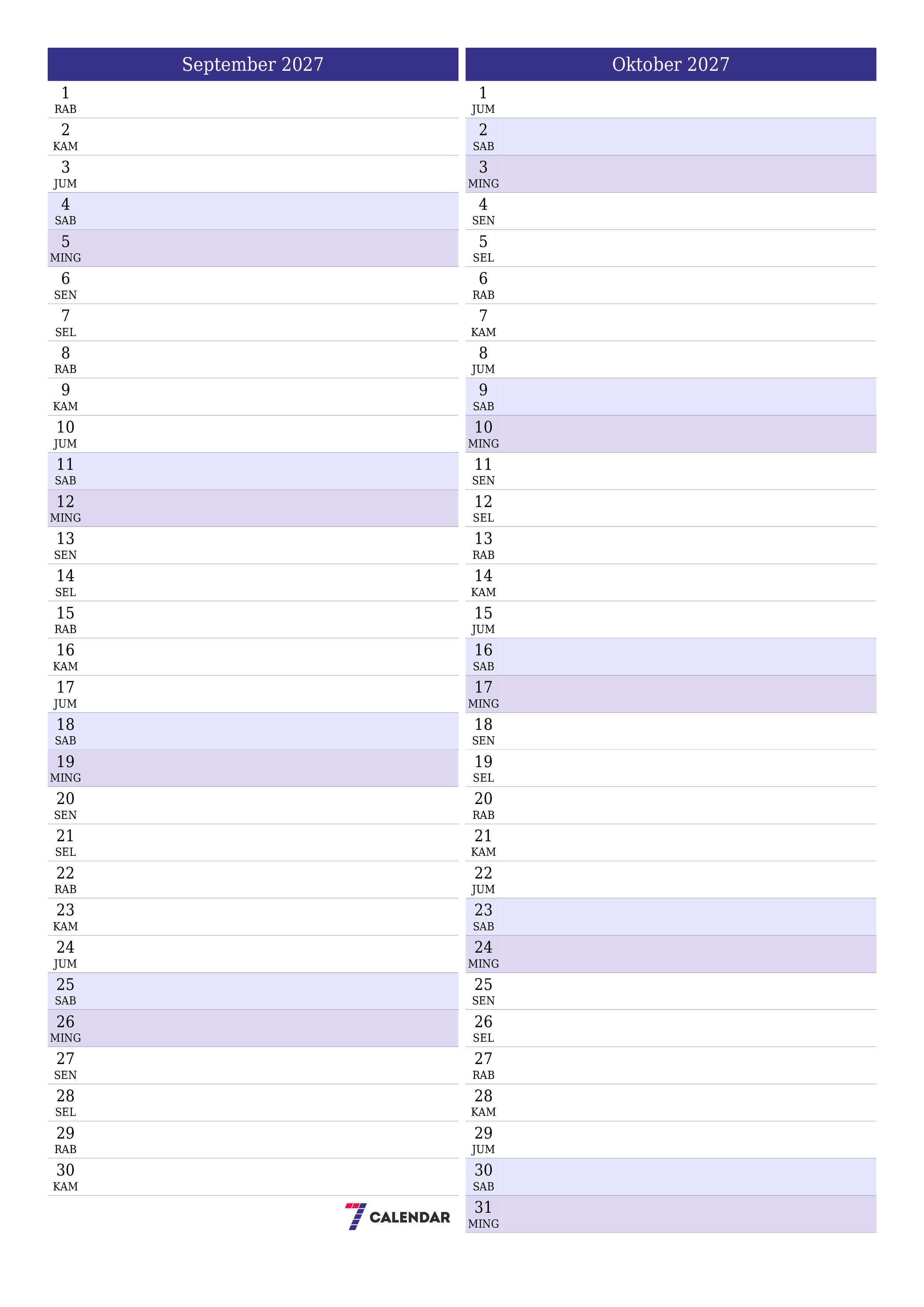 Kosongkan agenda bulanan untuk bulan September 2027 dengan catatan, simpan dan cetak ke PDF PNG Indonesian