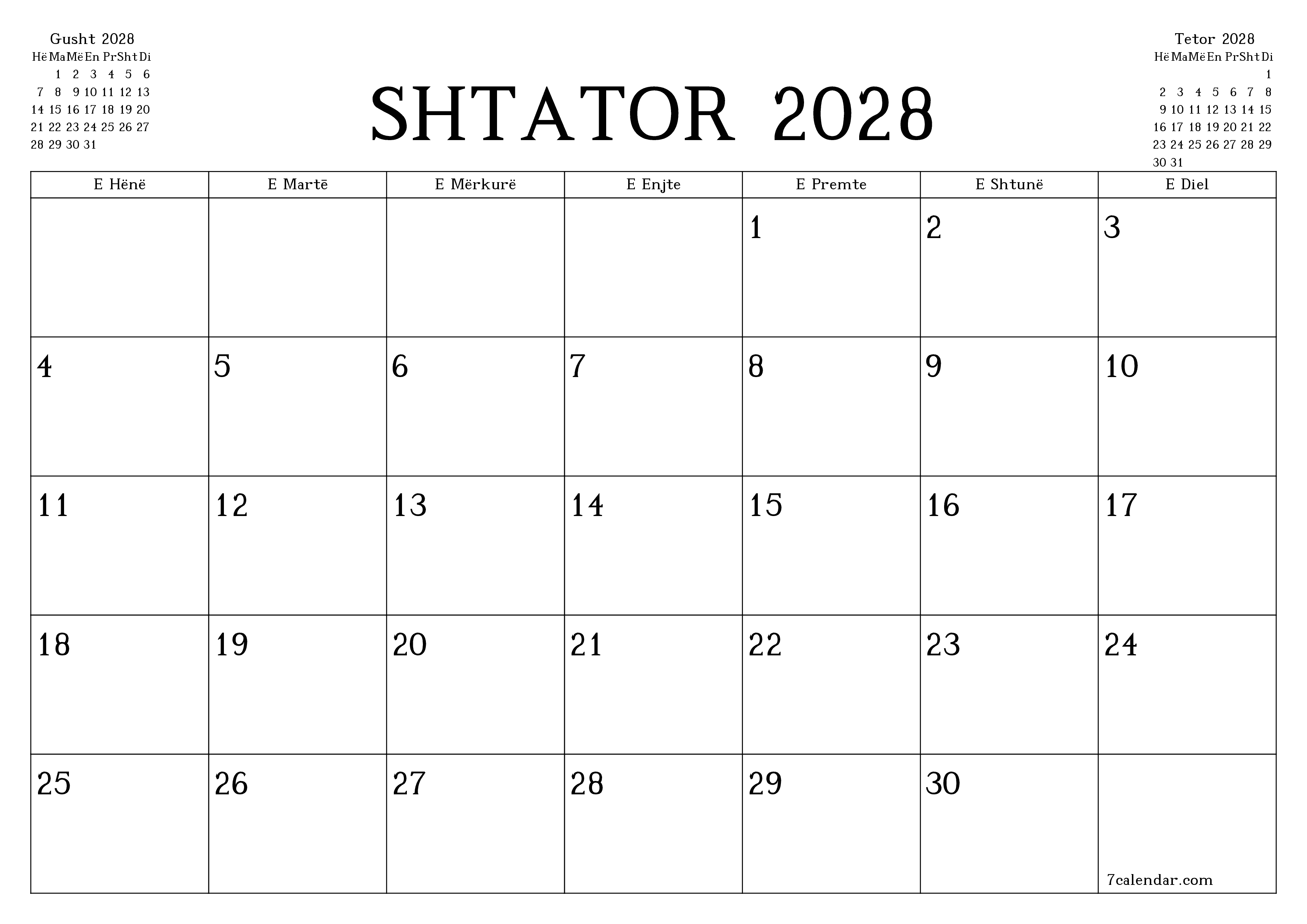 Planifikuesi i zbrazët i kalendarit mujor për muajin Shtator 2028 me shënime të ruajtura dhe të printuara në PDF PNG Albanian